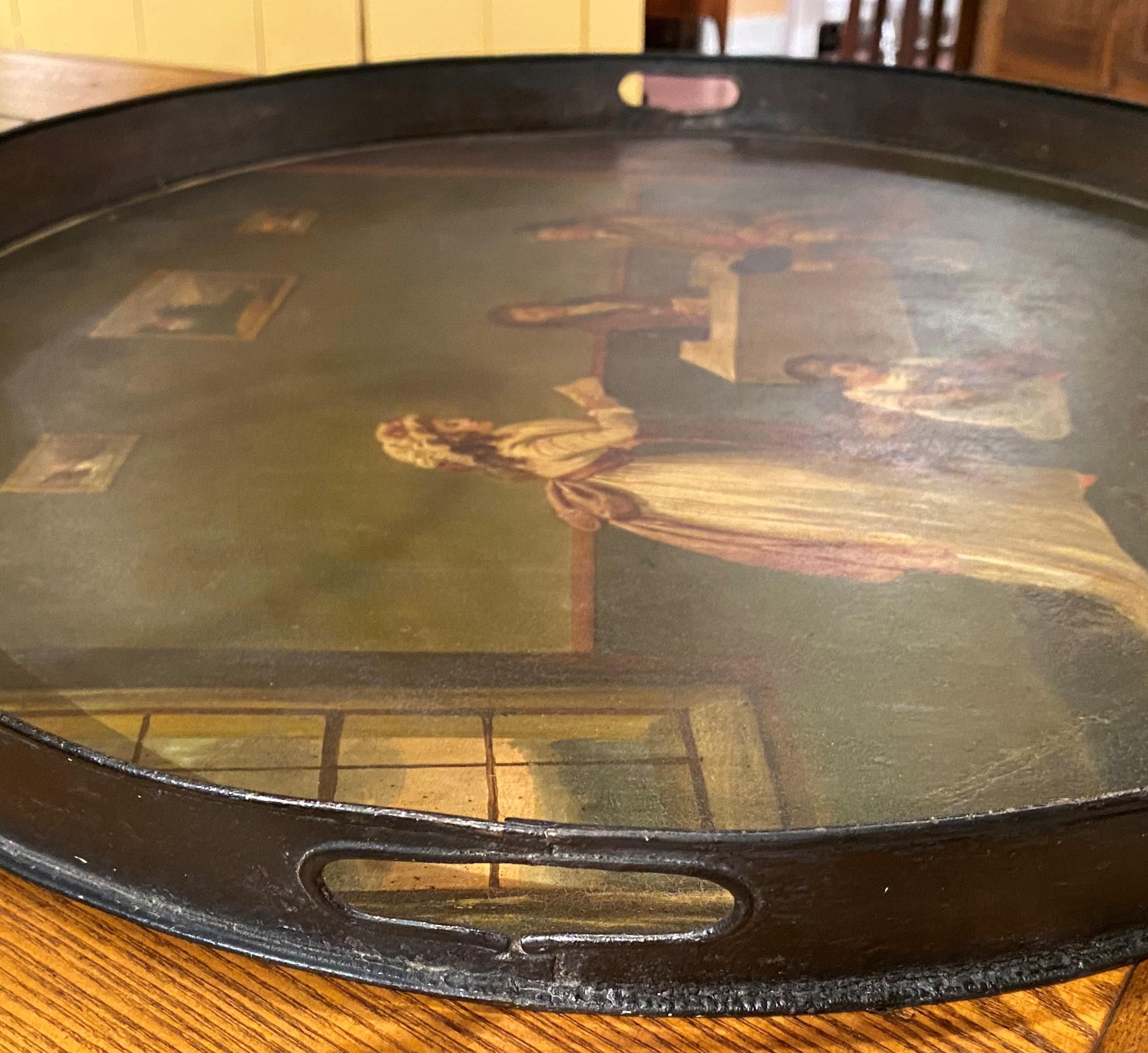 Early 19th Century Tole Painted Tray with Interior Genre Scene, Probably English For Sale 2