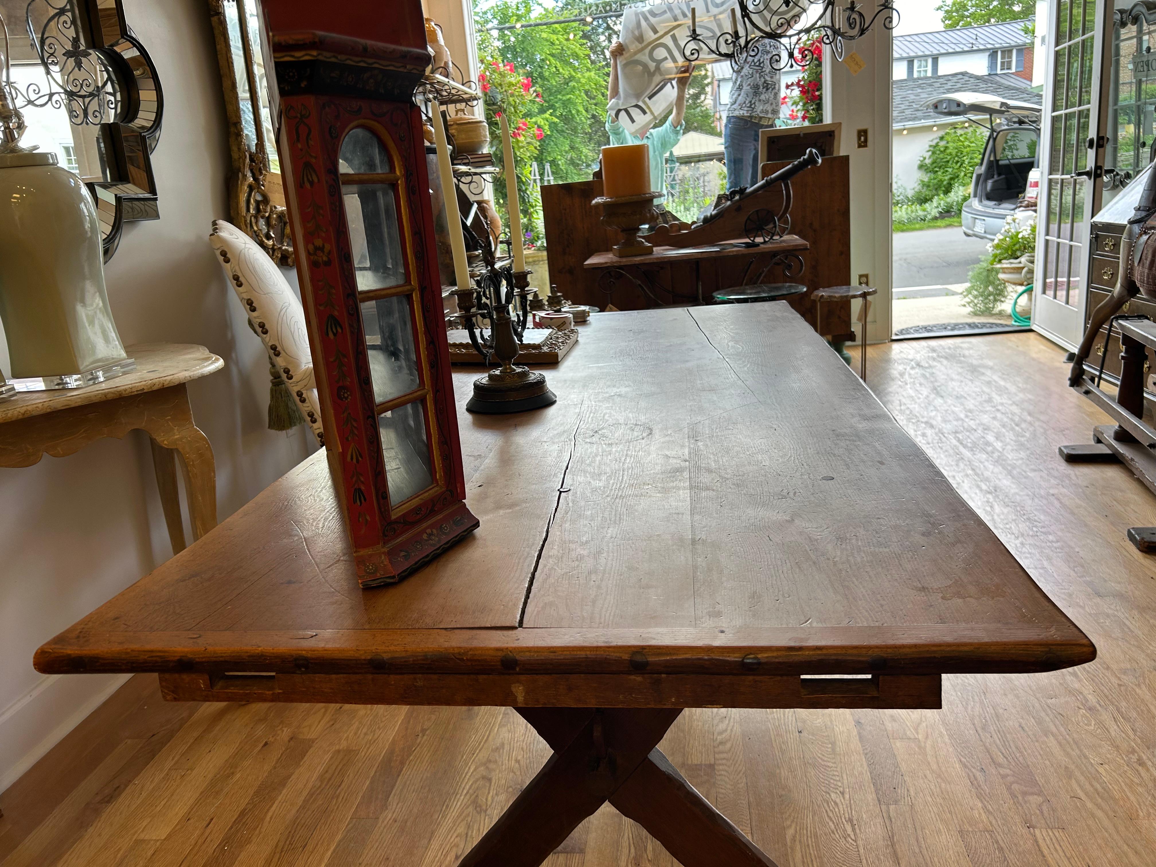 Georgian Early 19th century trestle or “Saw Buck” table. For Sale