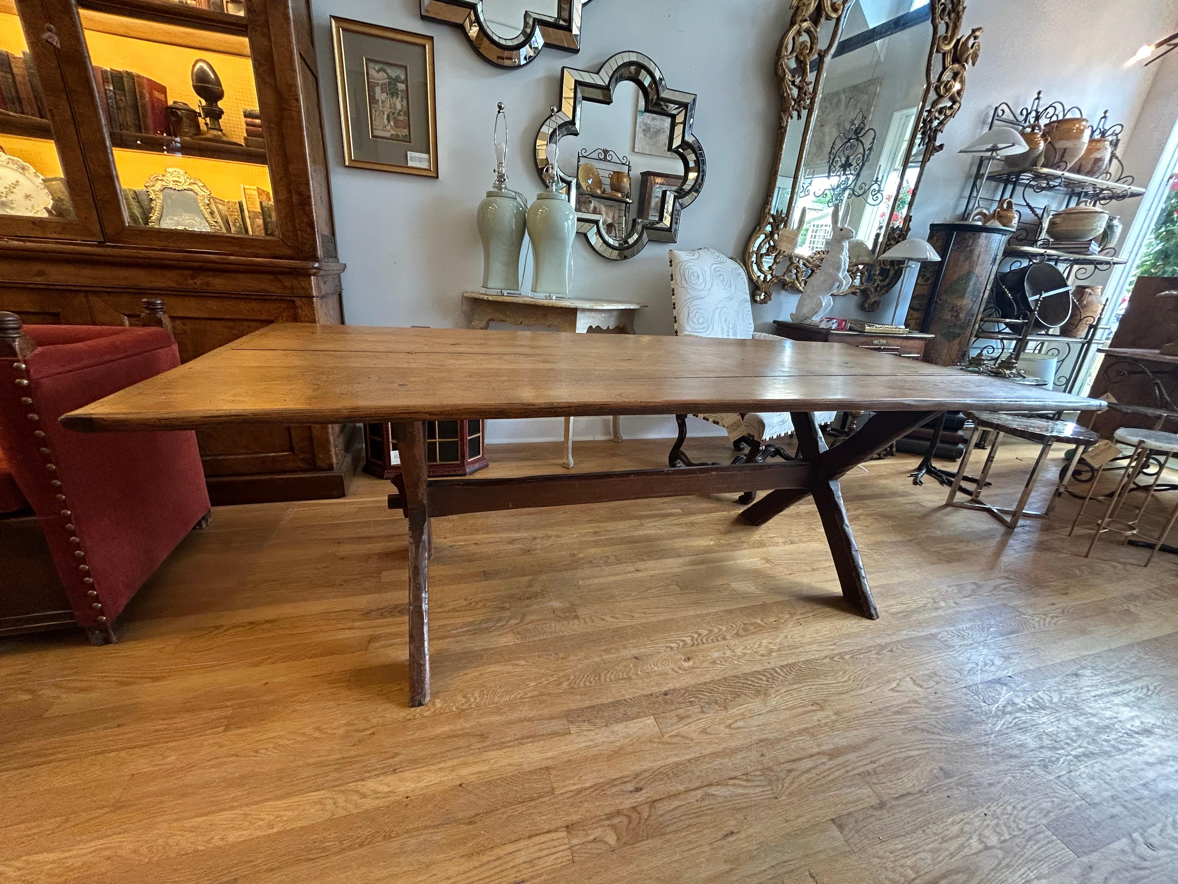 19th Century Early 19th century trestle or “Saw Buck” table. For Sale