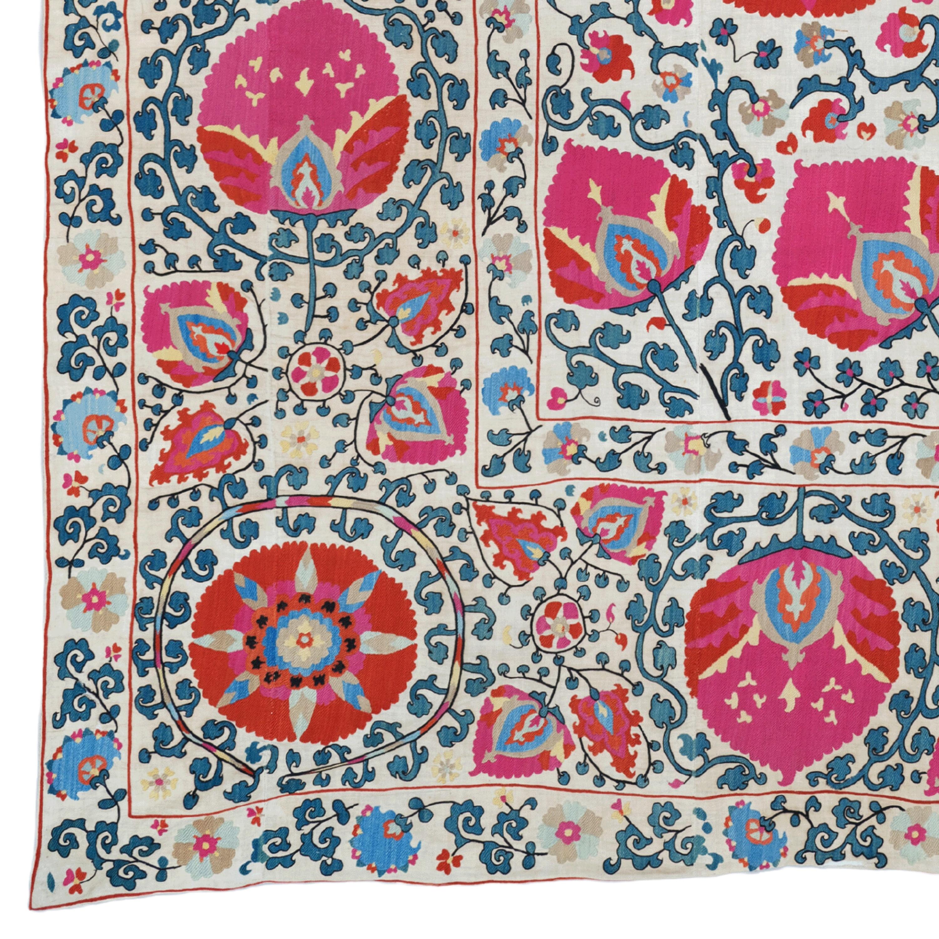 Early 19th Century Uzbekistan Shahrisyabz Suzani

Silk on cotton ground. Exhibited: The Textile Museum, 27 Sept. 1996 to 23 Feb. 1997. See Plate 18, Khans, Nomads & Needlework  Suzanis and Embroideries of Central Asia, 2012. “This spectacular suzani