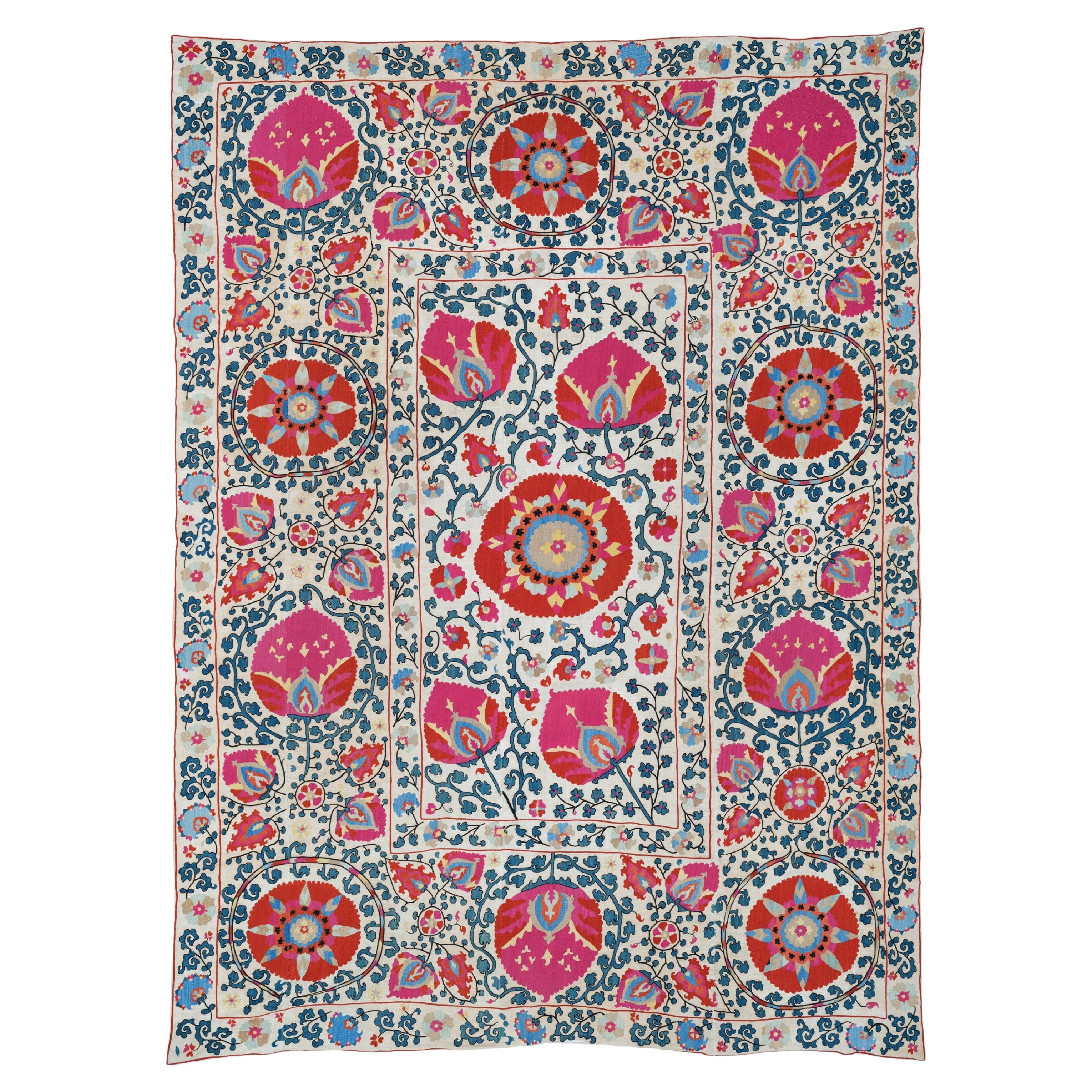 Early 19th Century Uzbekistan Shahrisyabz Suzani, Silk on Cotton Ground For Sale