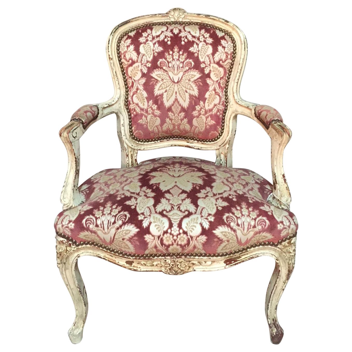 Early 19th Century Velor Fabric Louis XV Armchair with Original Patina For Sale