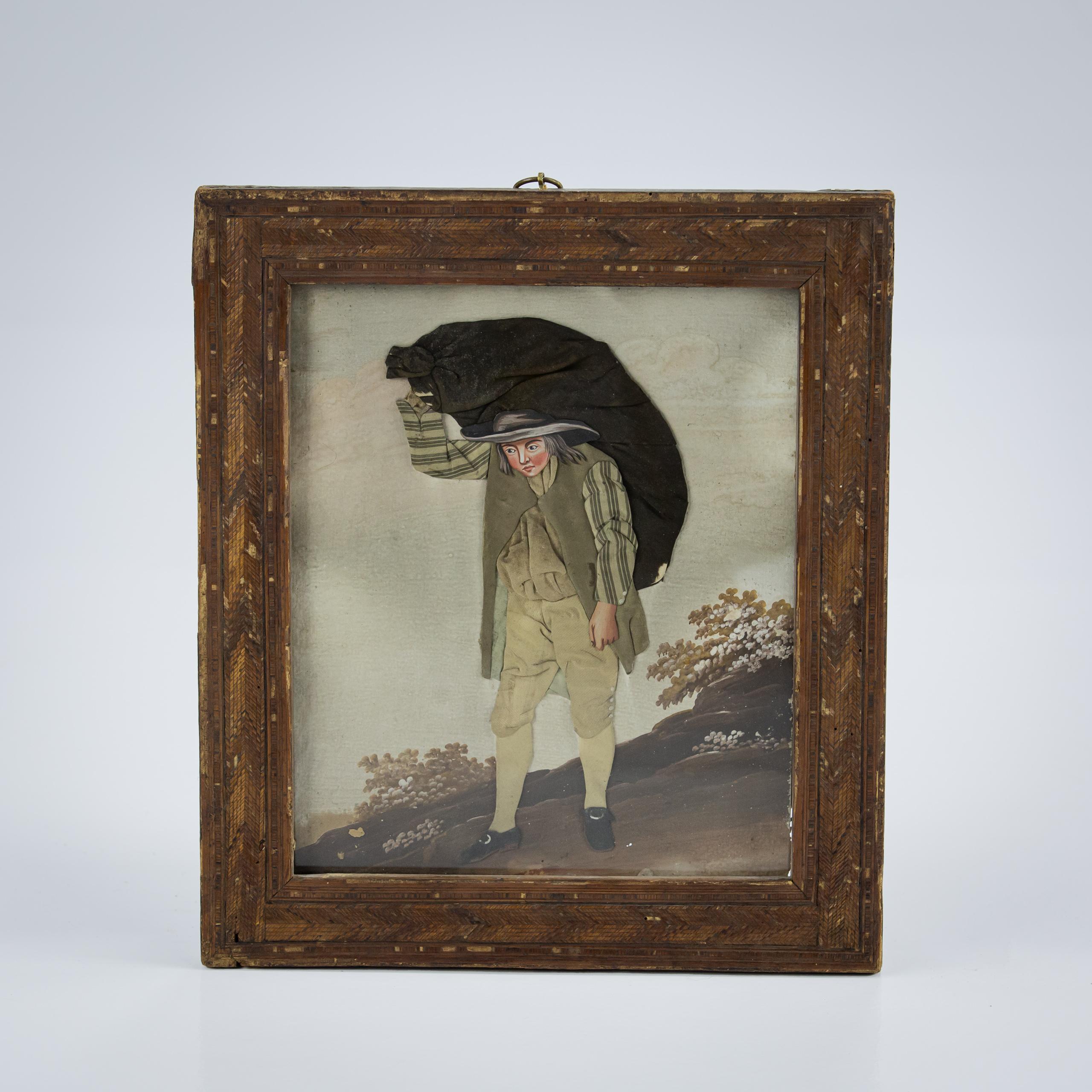 Mid 19th Century Velvet and Cloth applique Portrait of a man carrying a large bag. untouched original condition, found in the original straw work frame (some losses and damage) In the Manner of George Smart. Circa 1850