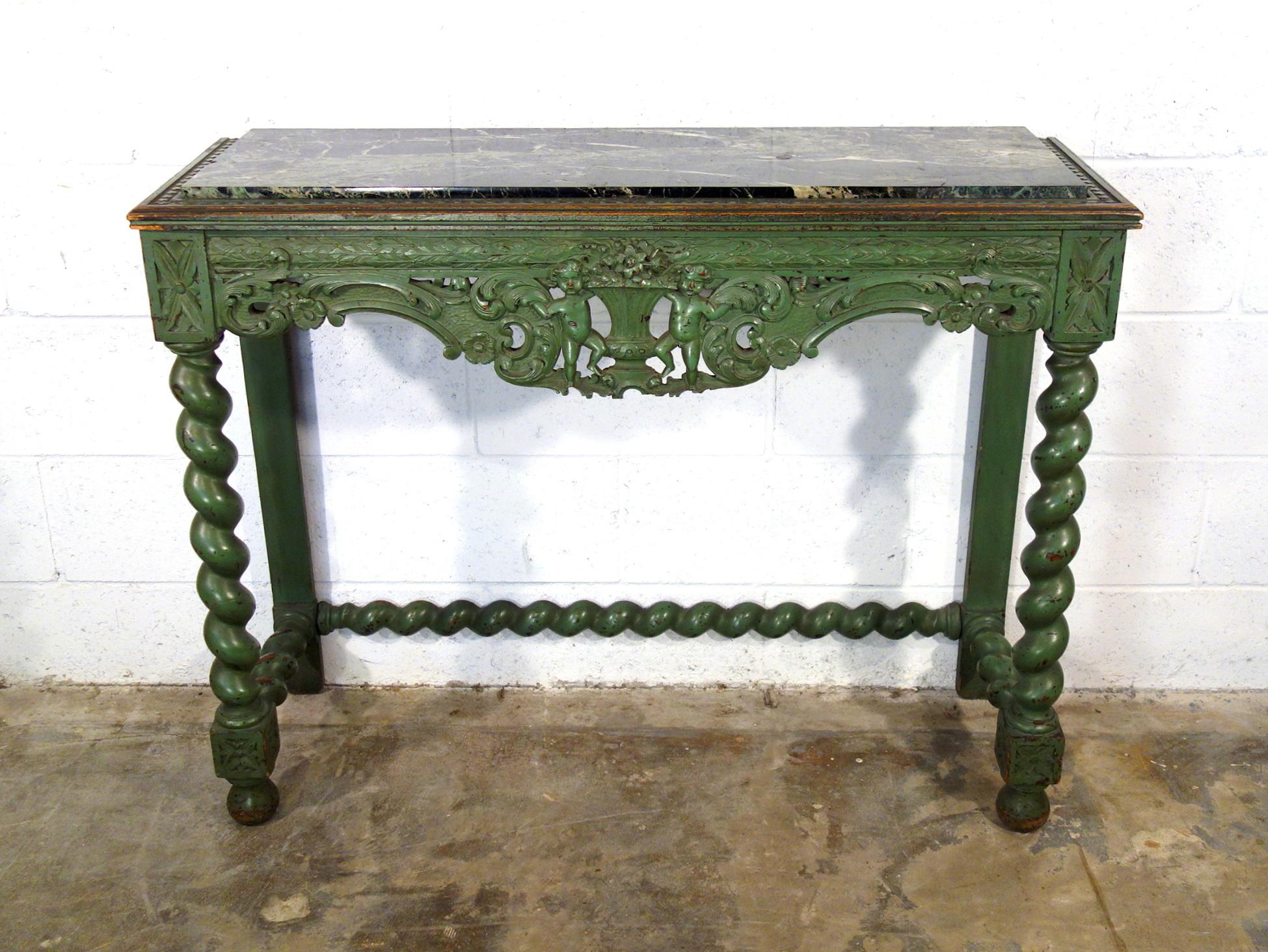Baroque Early 19th Century Venetian Carved Painted Console with Green Marble Inset