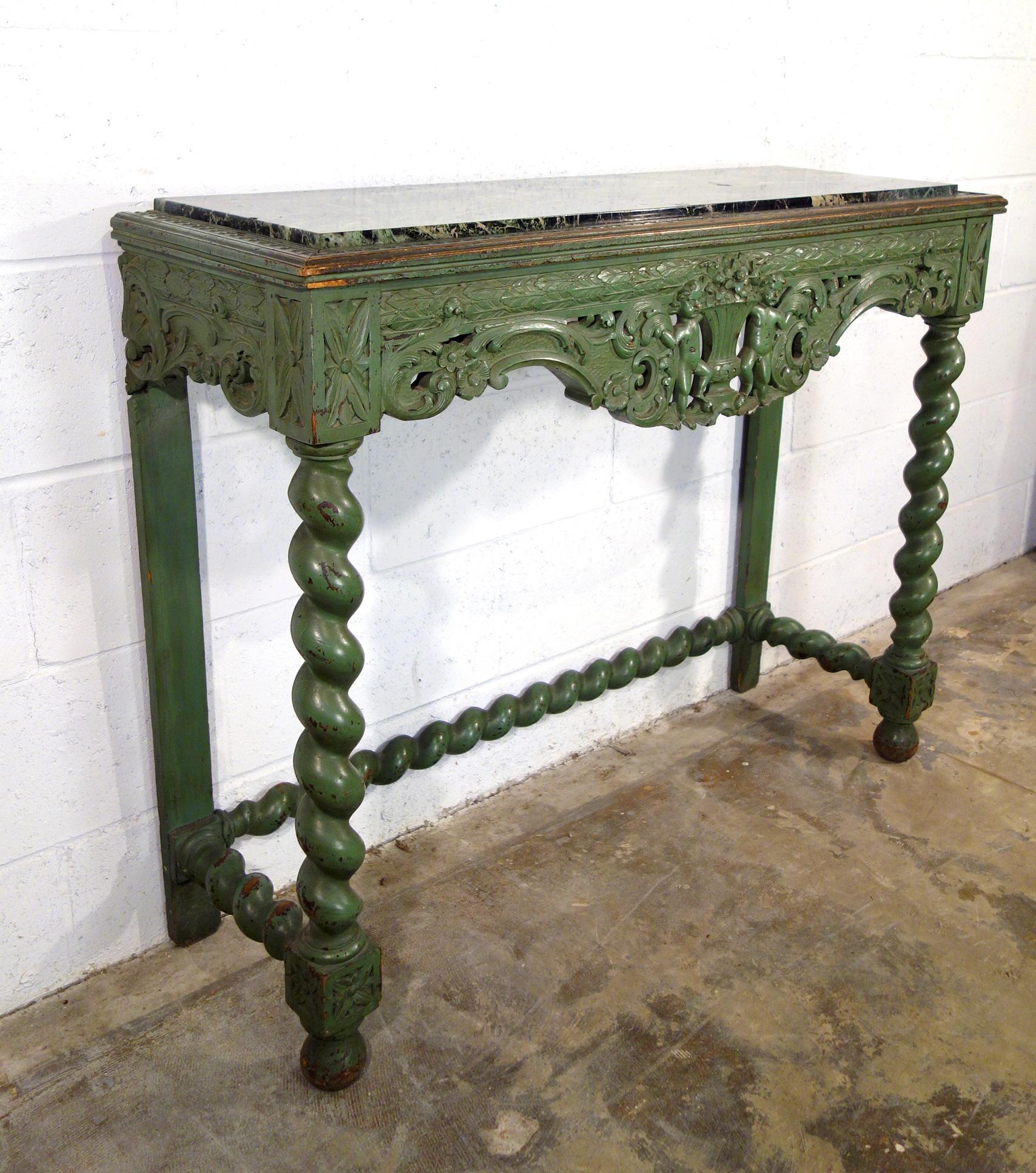 Italian Early 19th Century Venetian Carved Painted Console with Green Marble Inset