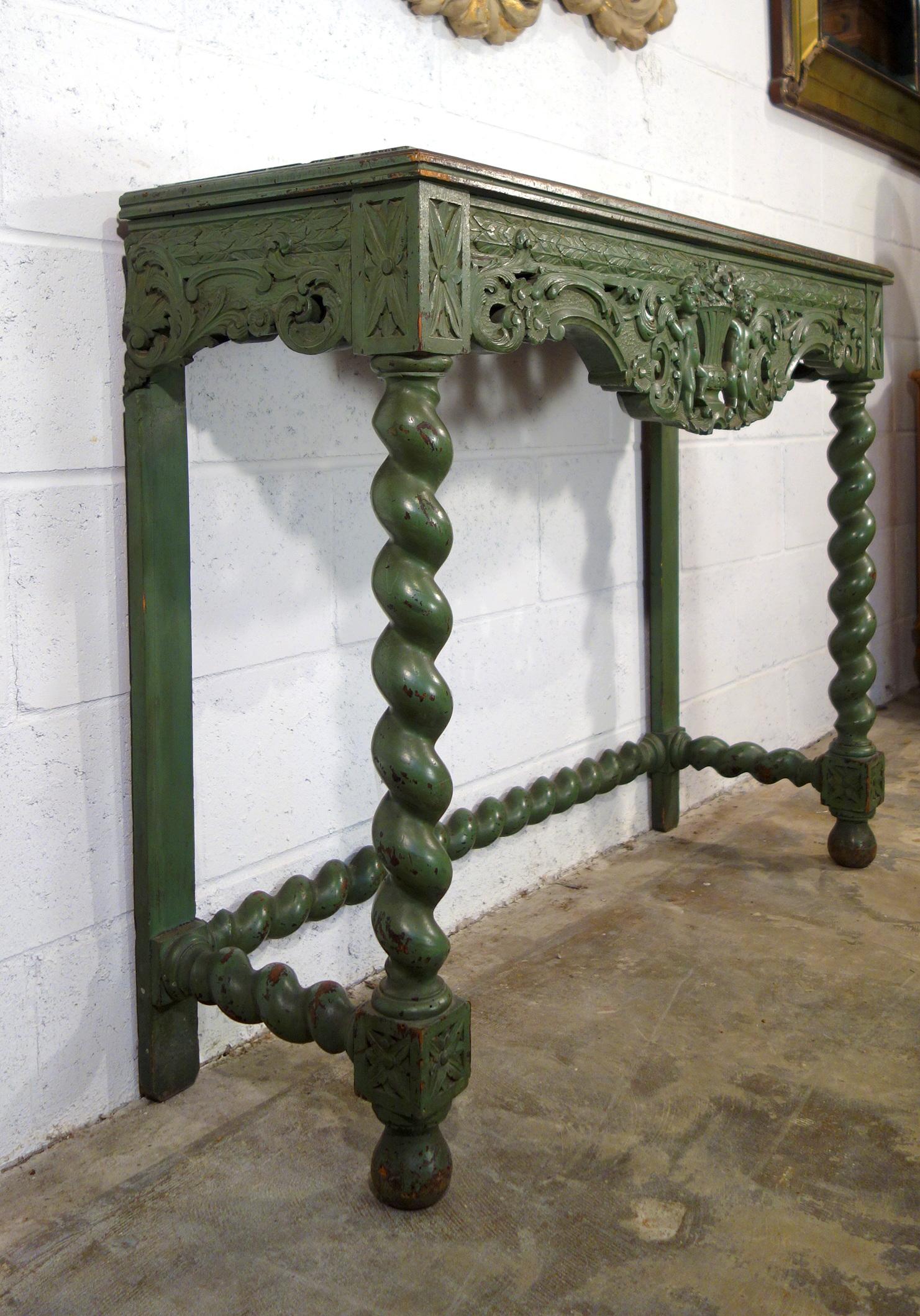 Hand-Painted Early 19th Century Venetian Carved Painted Console with Green Marble Inset