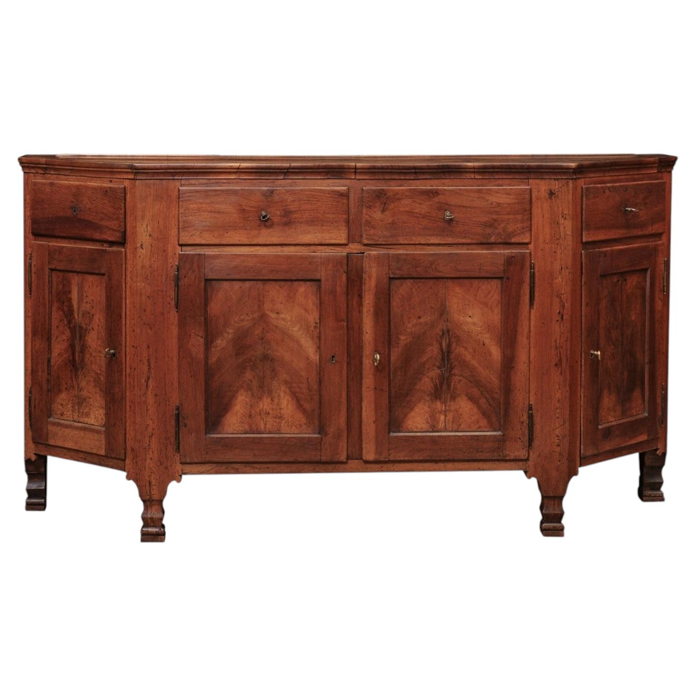 Early 19th Century Venetian Walnut Credenza with Canted Sides, 4 Doors