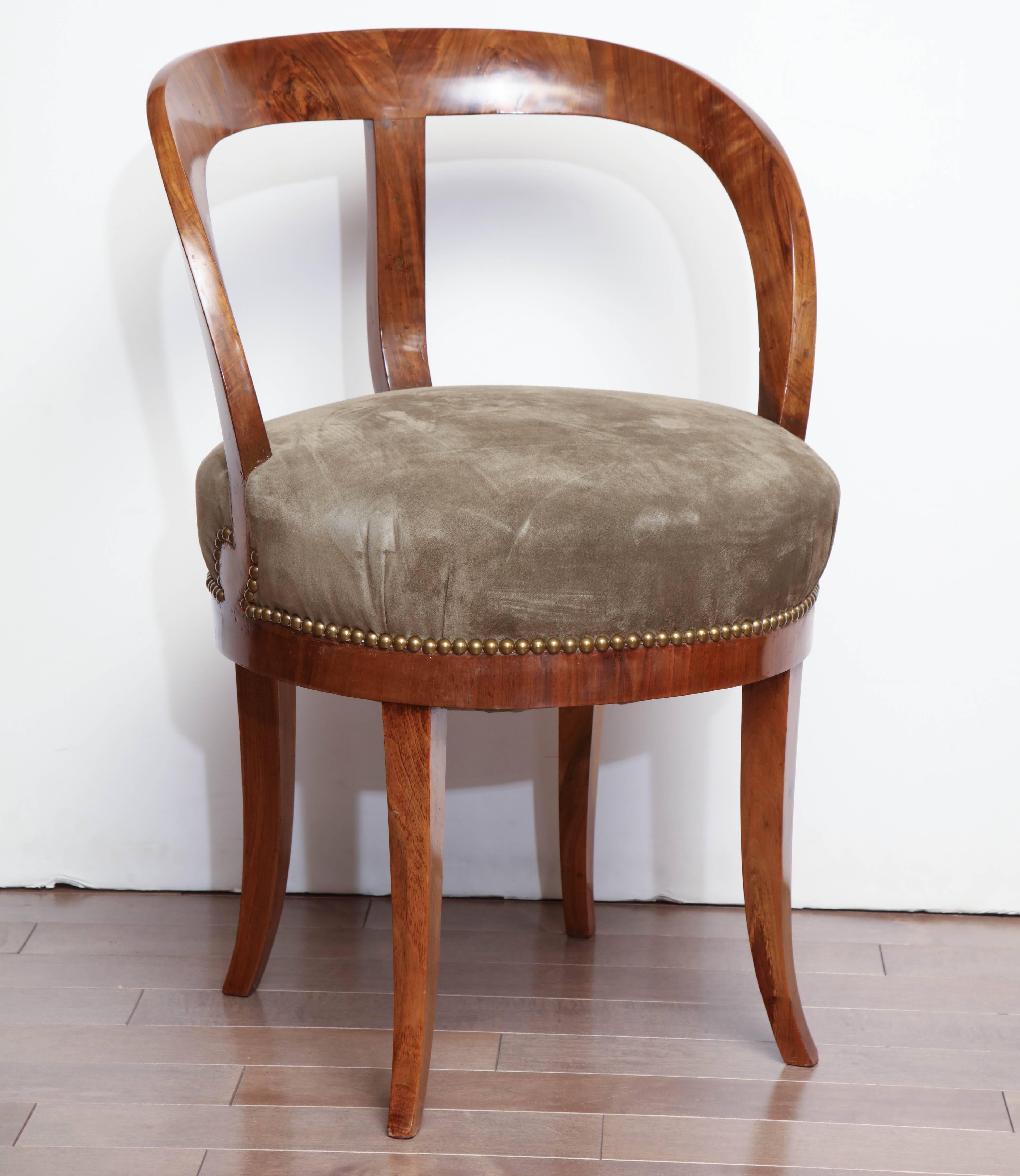 Early 19th century Austrian, walnut armchair upholstered in green suede.