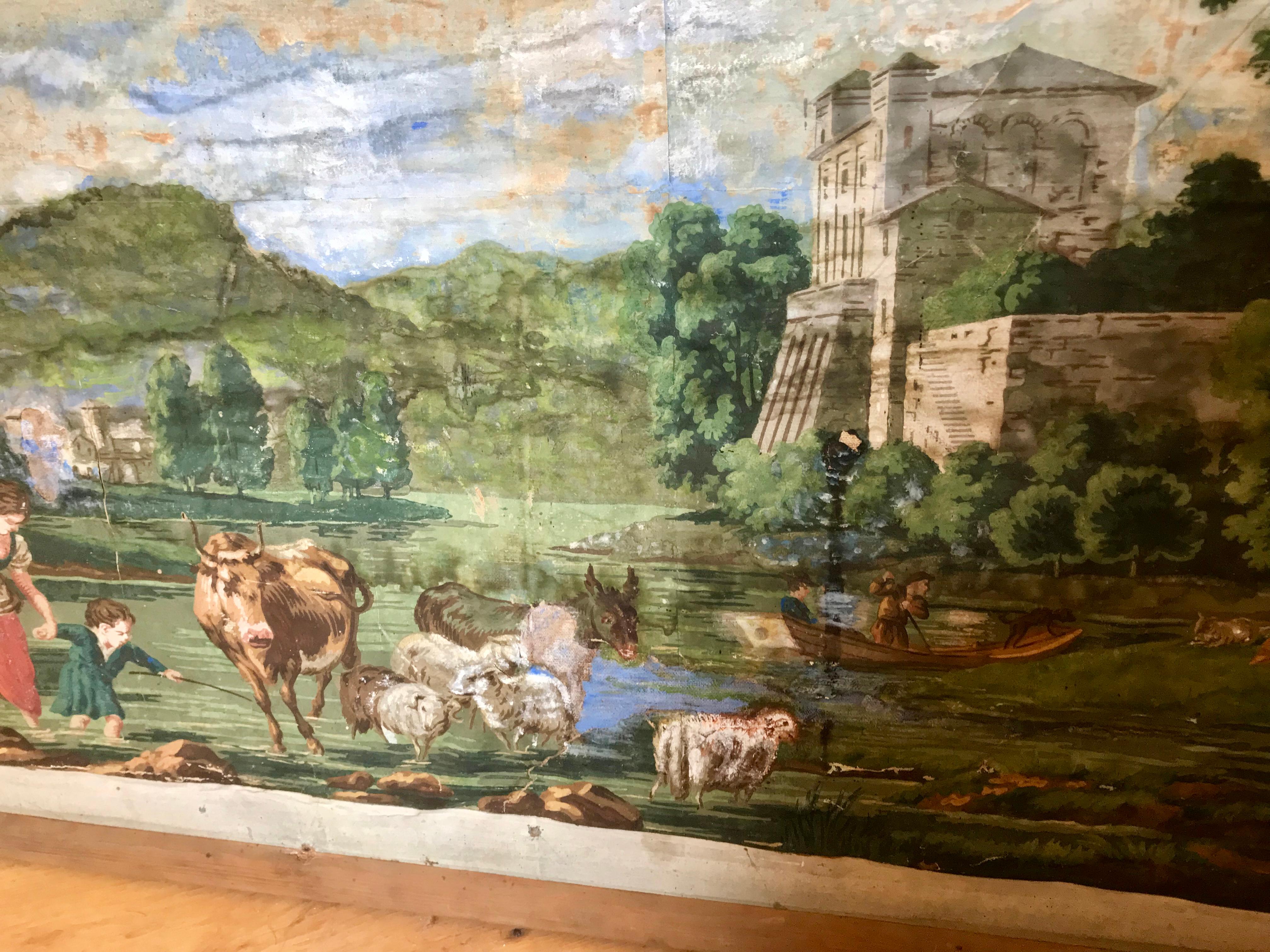 French wallpaper panel on pine board fireboard.

Pastoral scene. Original backboard. Used for summer closing of a New England fireplace. Early 19th century.

Though lifting and some damage, the colors remain vibrant and the paper which is
