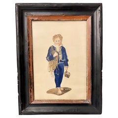 Early 19th Century Watercolor of a Sailor Boy Holding a Compass