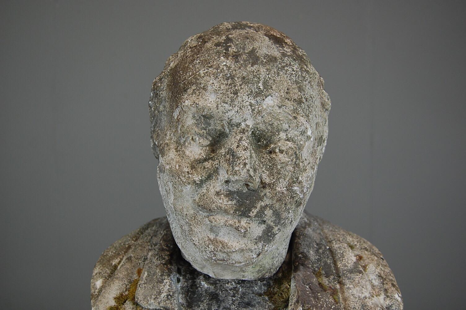 Carved limestone (pierre de bourgogne) weathered bust of a gentleman. As expected losses and weathering.
Dimensions: 37cm x 60cm x 23cm.