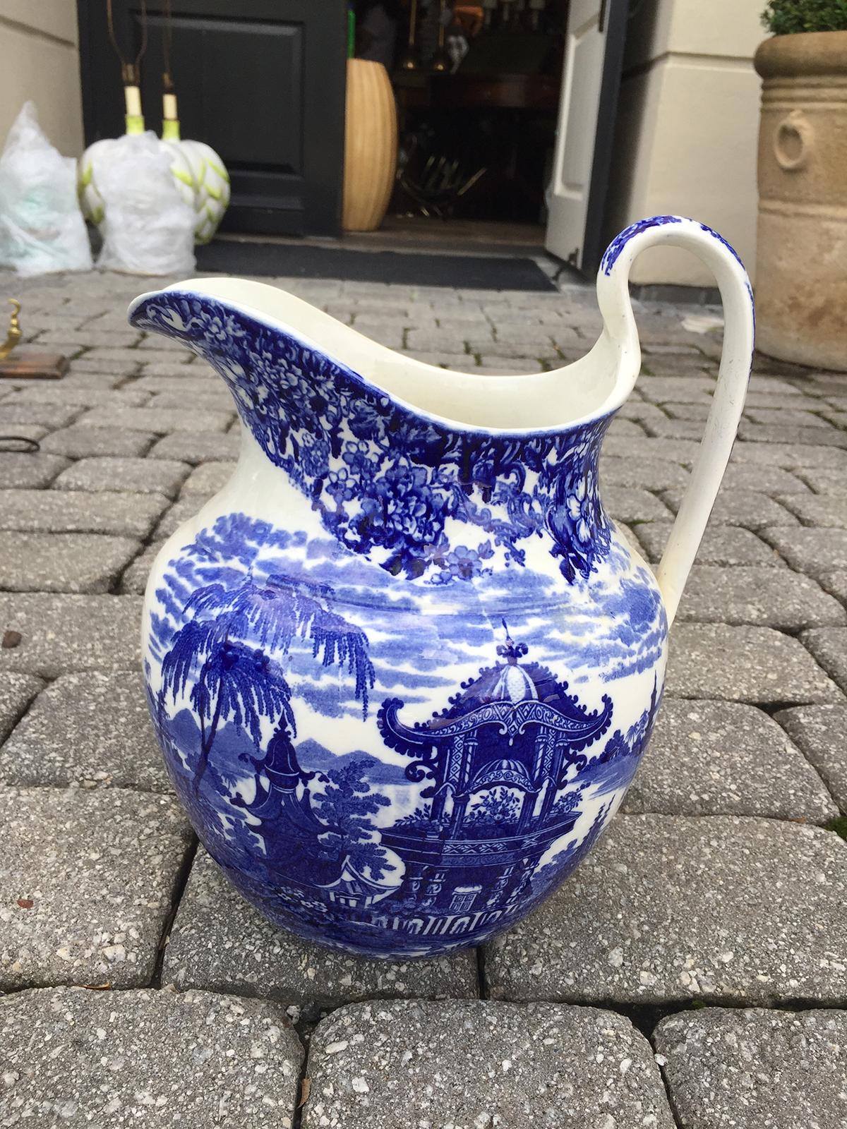 English Early 19th Century Wedgwood Blue and White Porcelain Pitcher, Embossed Mark For Sale