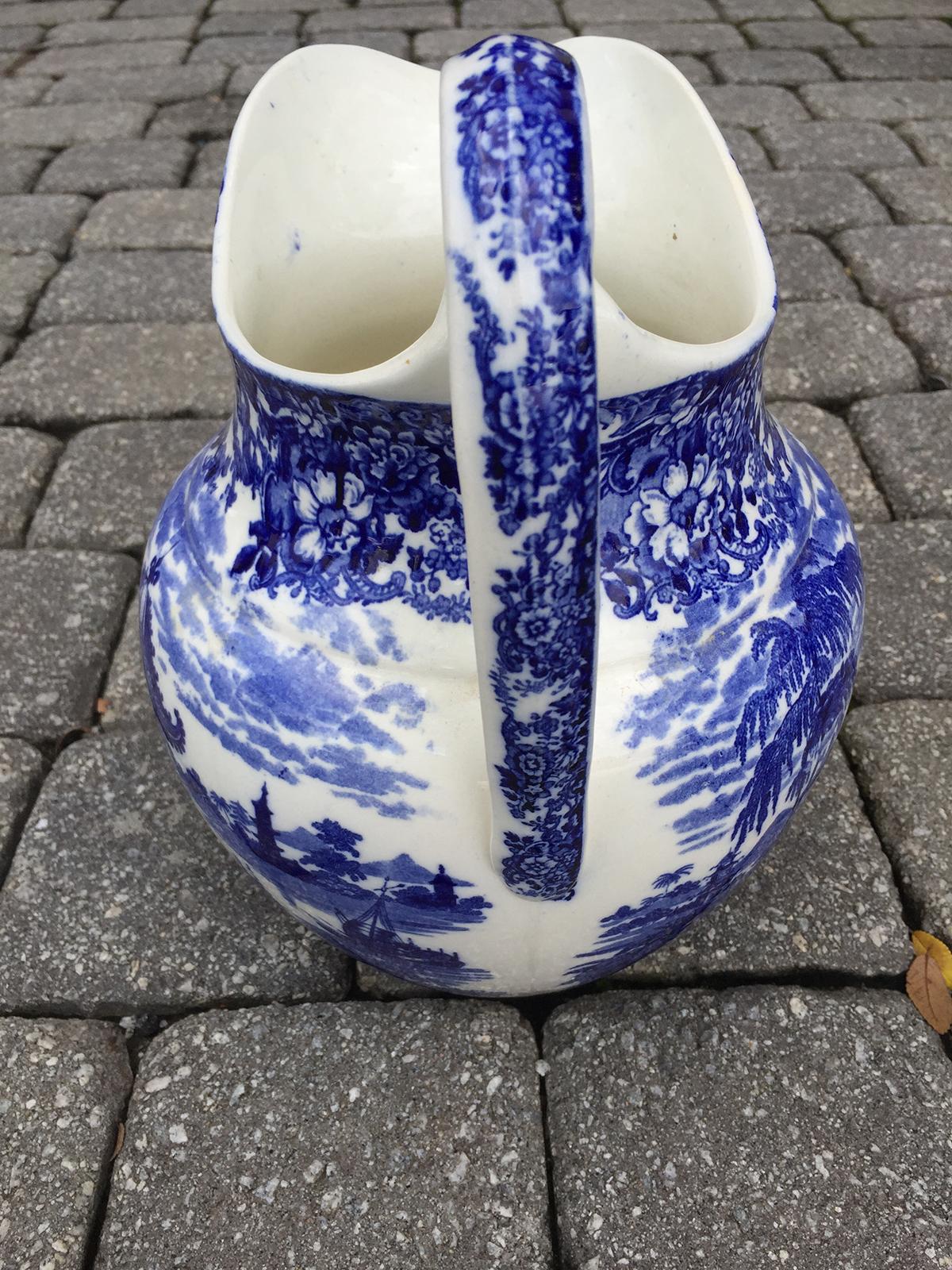 Early 19th Century Wedgwood Blue and White Porcelain Pitcher, Embossed Mark In Good Condition For Sale In Atlanta, GA