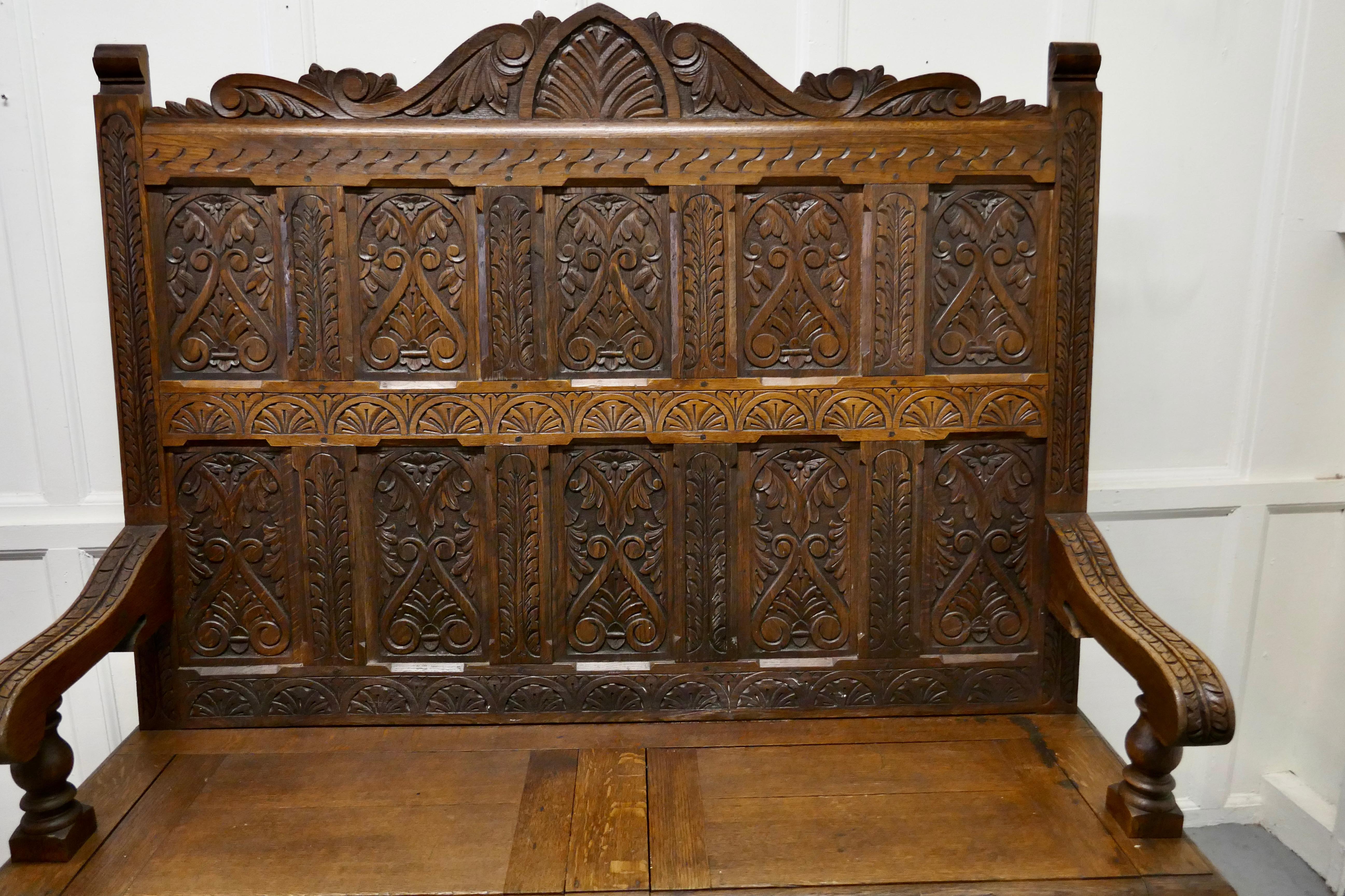 Early 19th Century Welsh High Back Carved Oak Box Settle 2