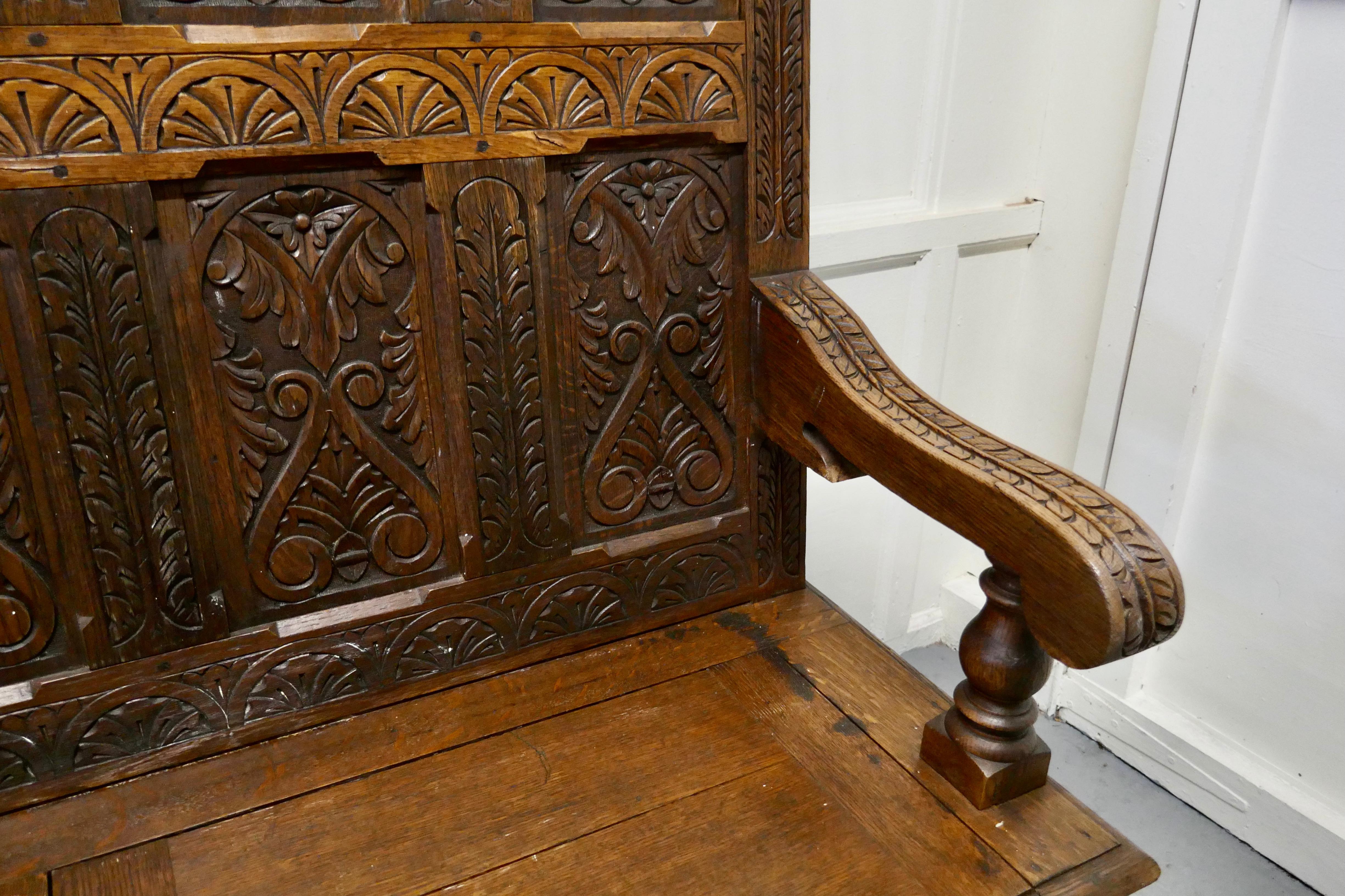 Early 19th Century Welsh High Back Carved Oak Box Settle 3