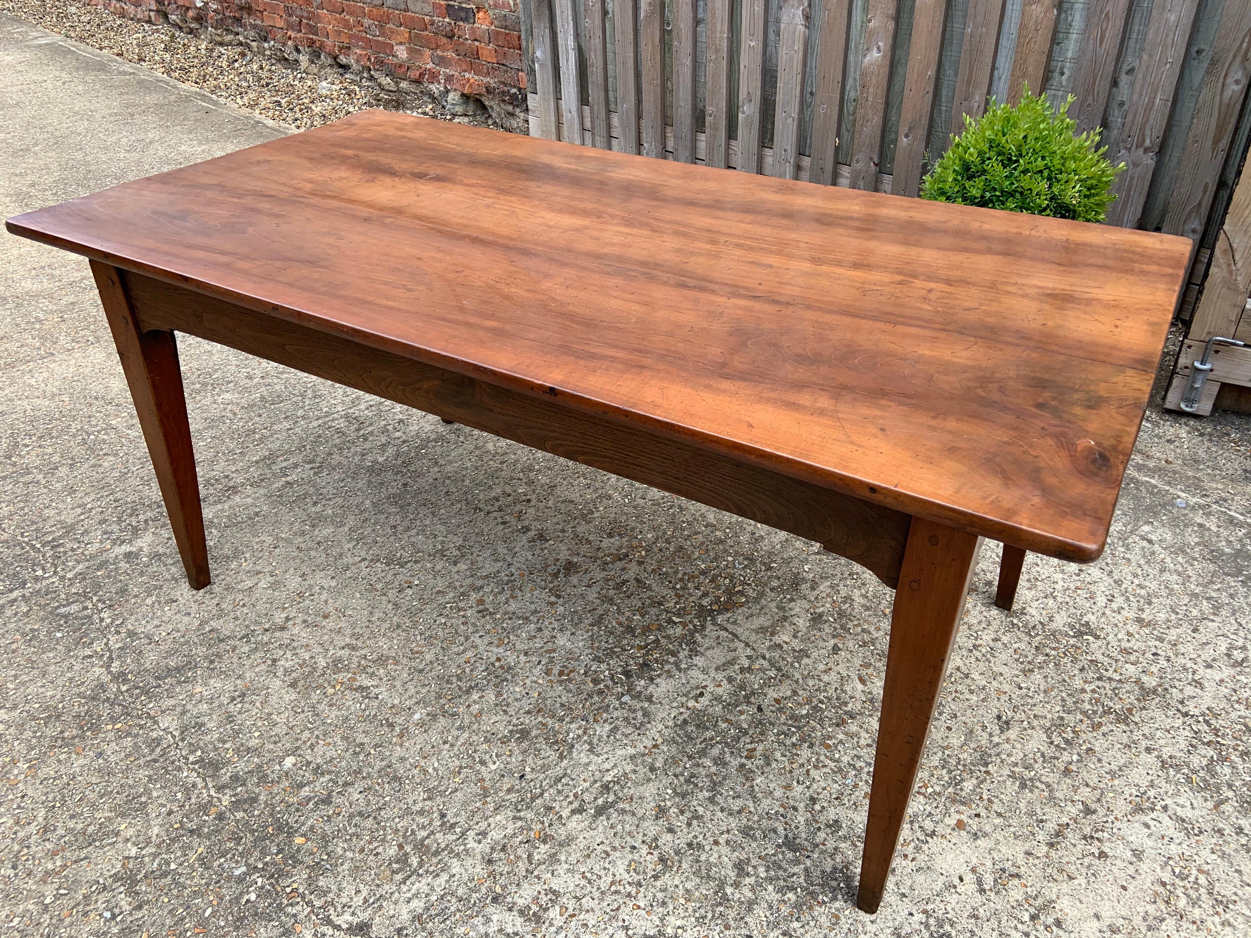 French Early 19th Century Wide Cherry Farmhouse Table With Slide and Tapered legs