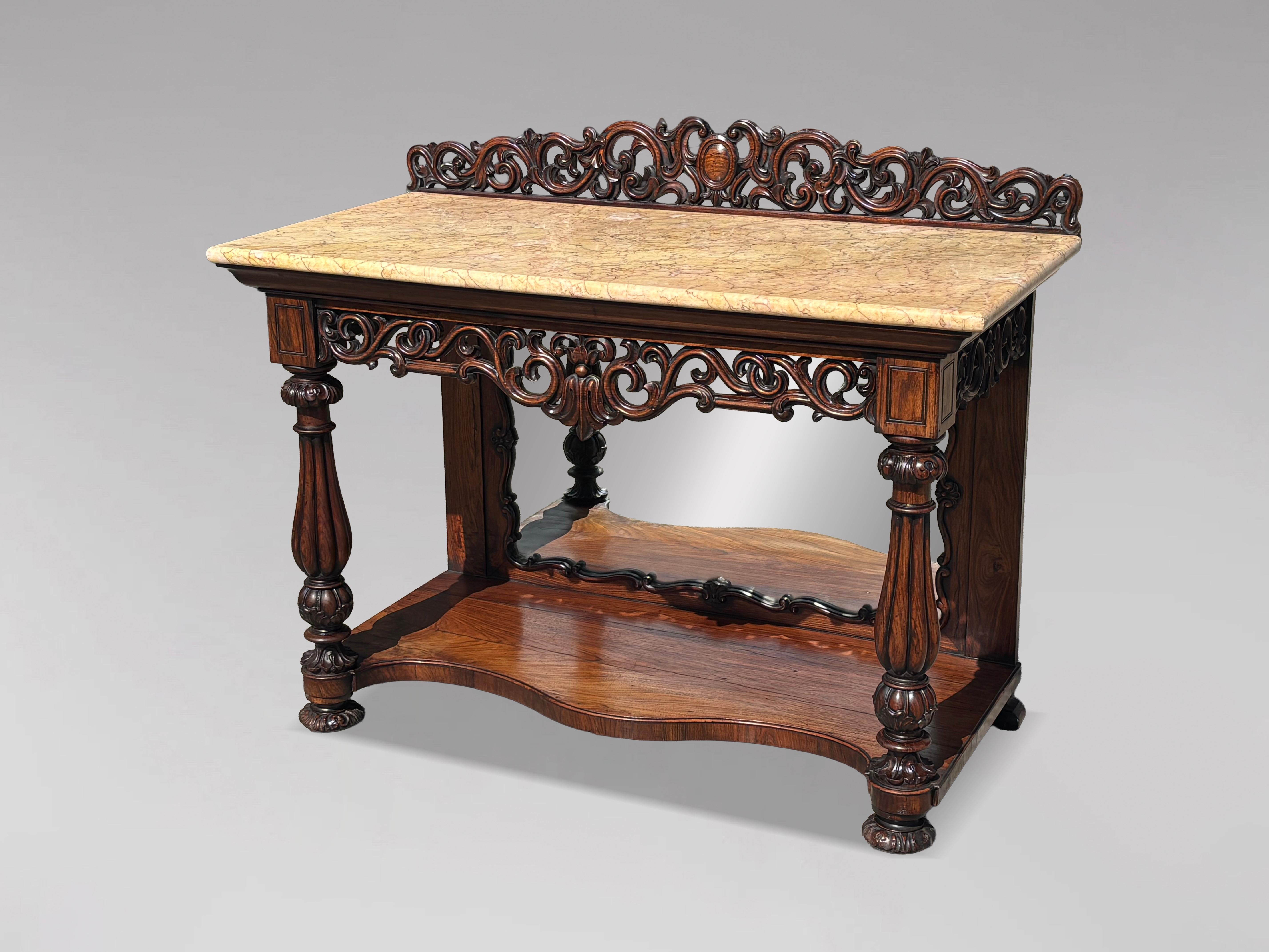 Mesa consola de palisandro tallado con tapa de mármol del periodo Guillermo IV del siglo XIX, de impresionante calidad

Esta bien proporcionada consola de principios del siglo XIX de William IV es un impresionante ejemplo de artesanía.  Su gran