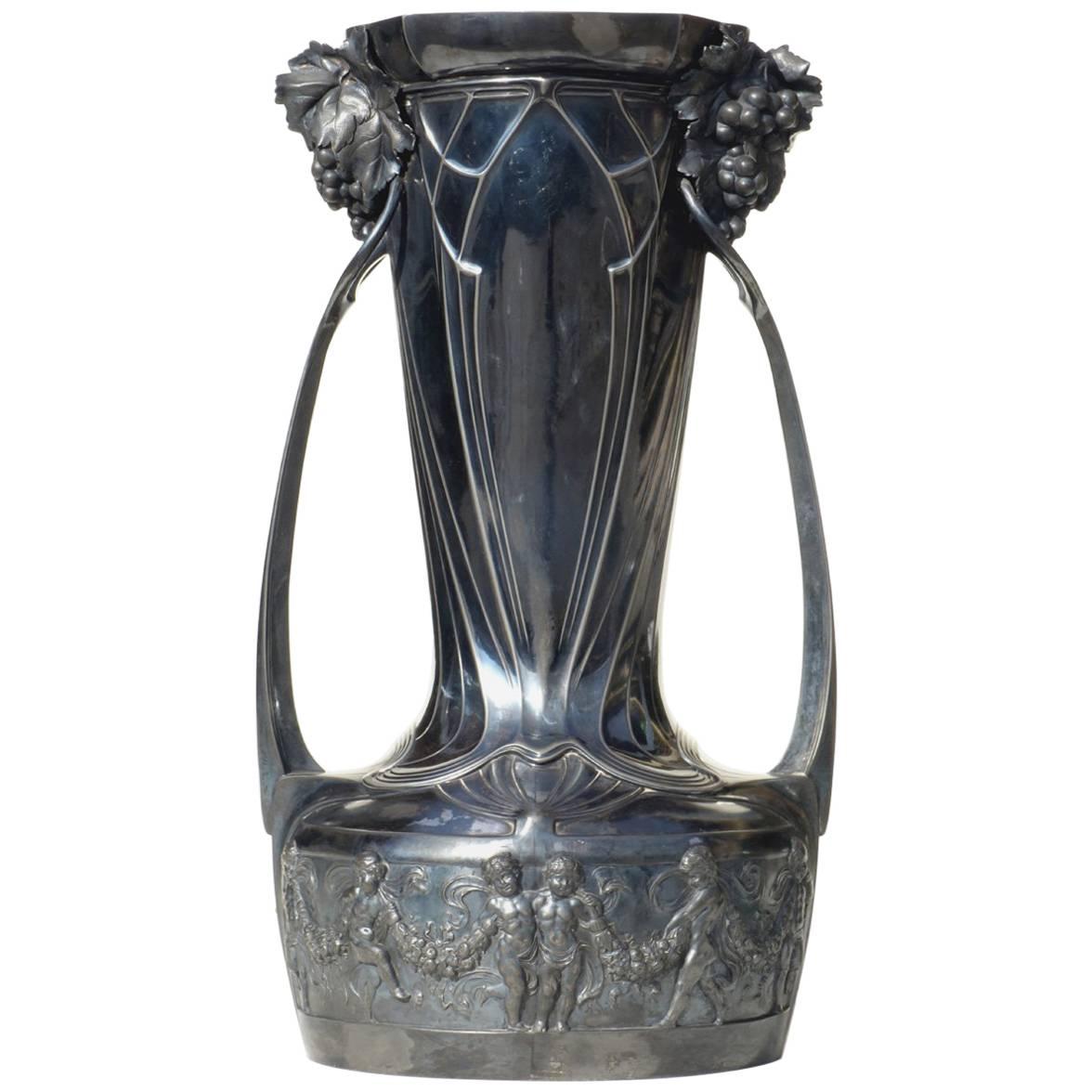 Jarrón grande de metal plateado de principios del siglo XIX WMF Albert Mayer Art Nouveau Jugendstil en venta