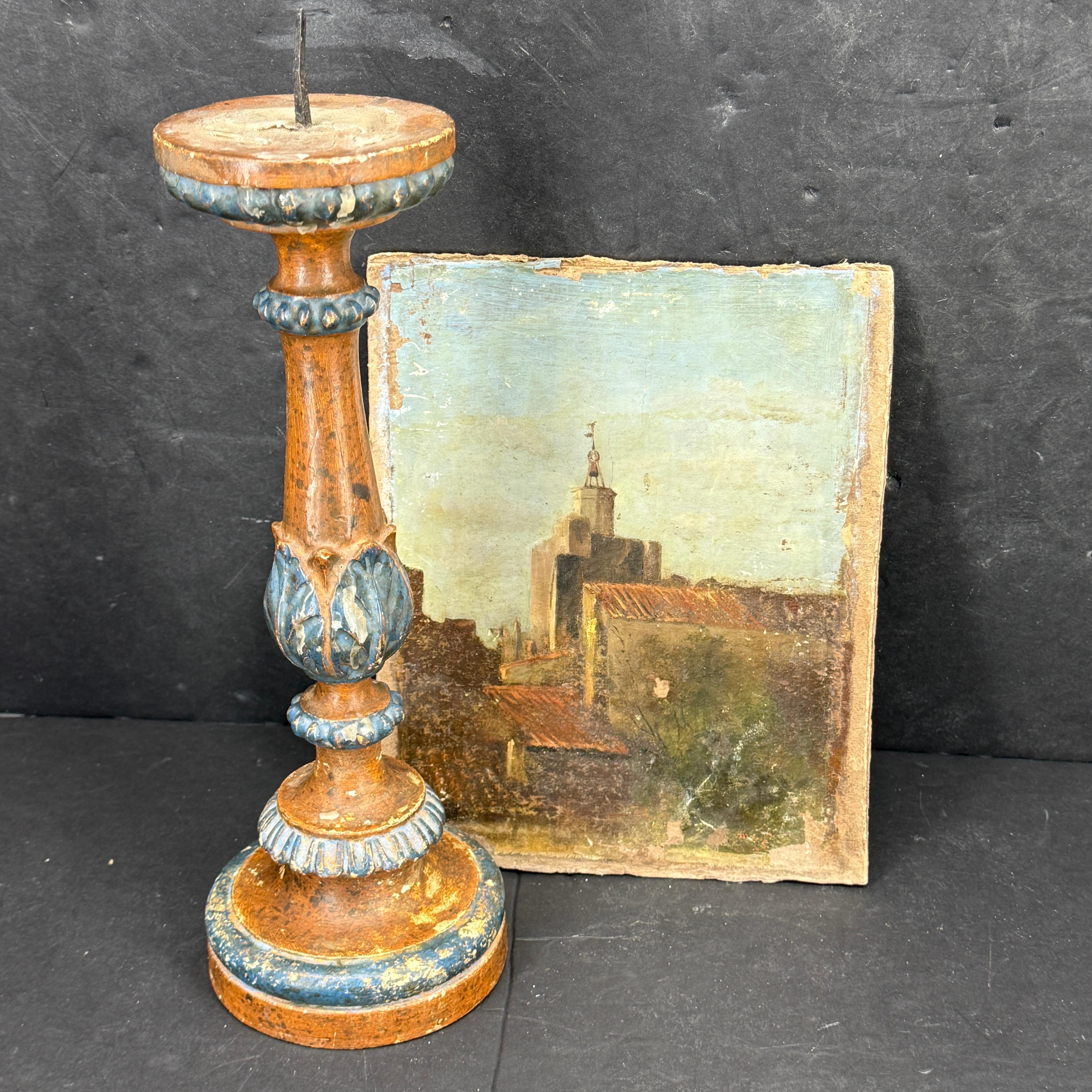 Barocco Early 19th Century Italian Wood Painted Gilded Candlestick Pricket in vendita