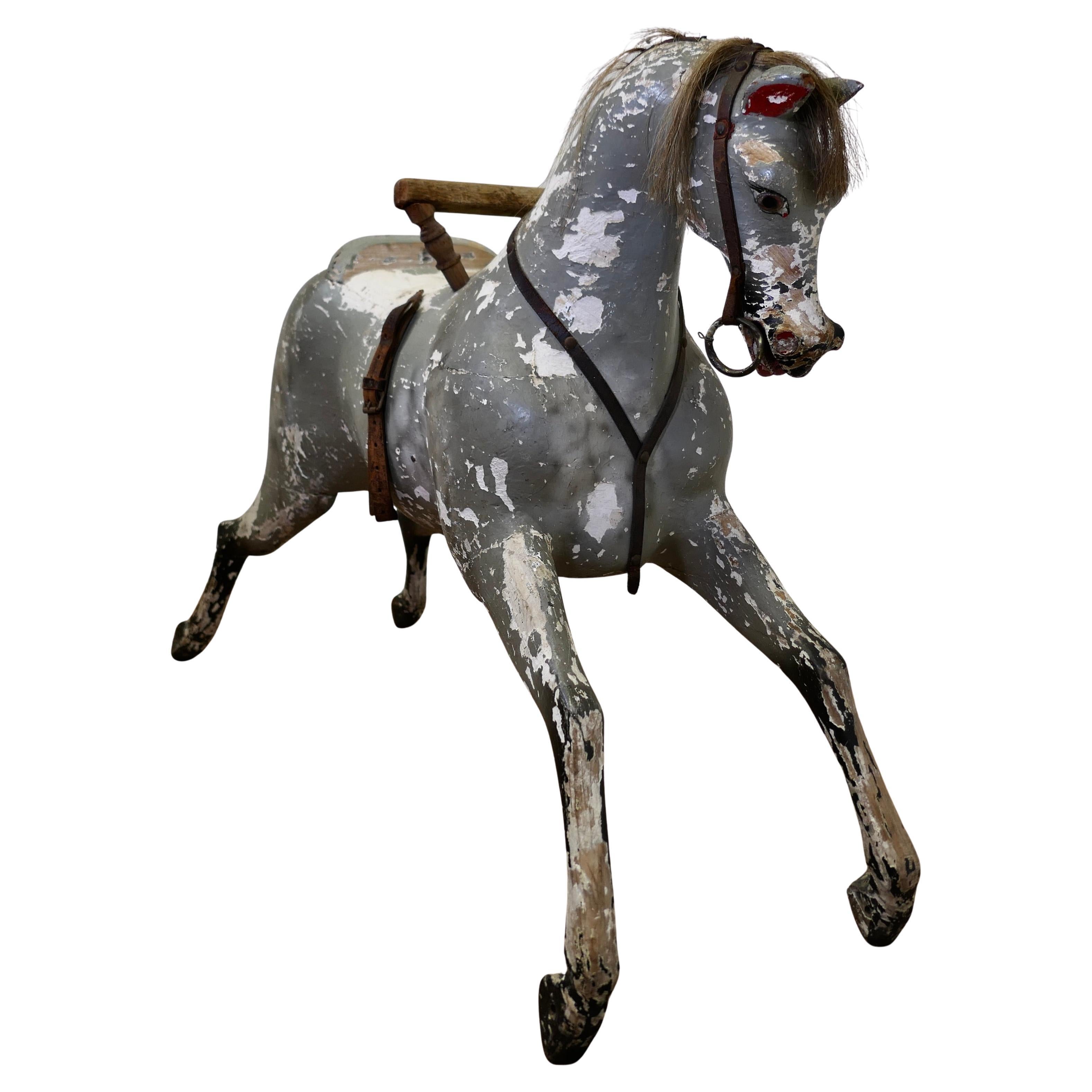 Early 19th Century Wooden Horse A handsome Dapple Grey galloper For Sale