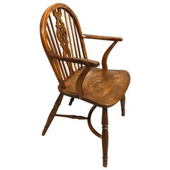 Antique Early 19th Century Yew and Elm Windsor Armchair with Crinoline Stretcher