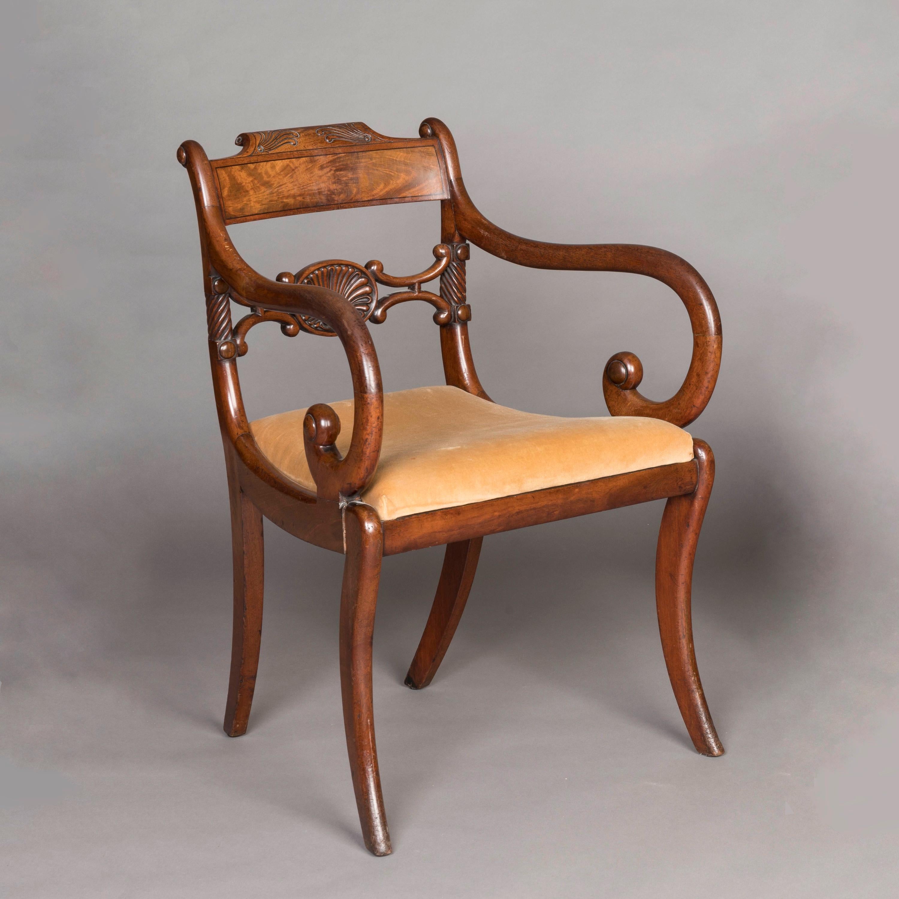 Hand-Carved Early 19th Century English Regency Period Carved Mahogany Armchairs  For Sale