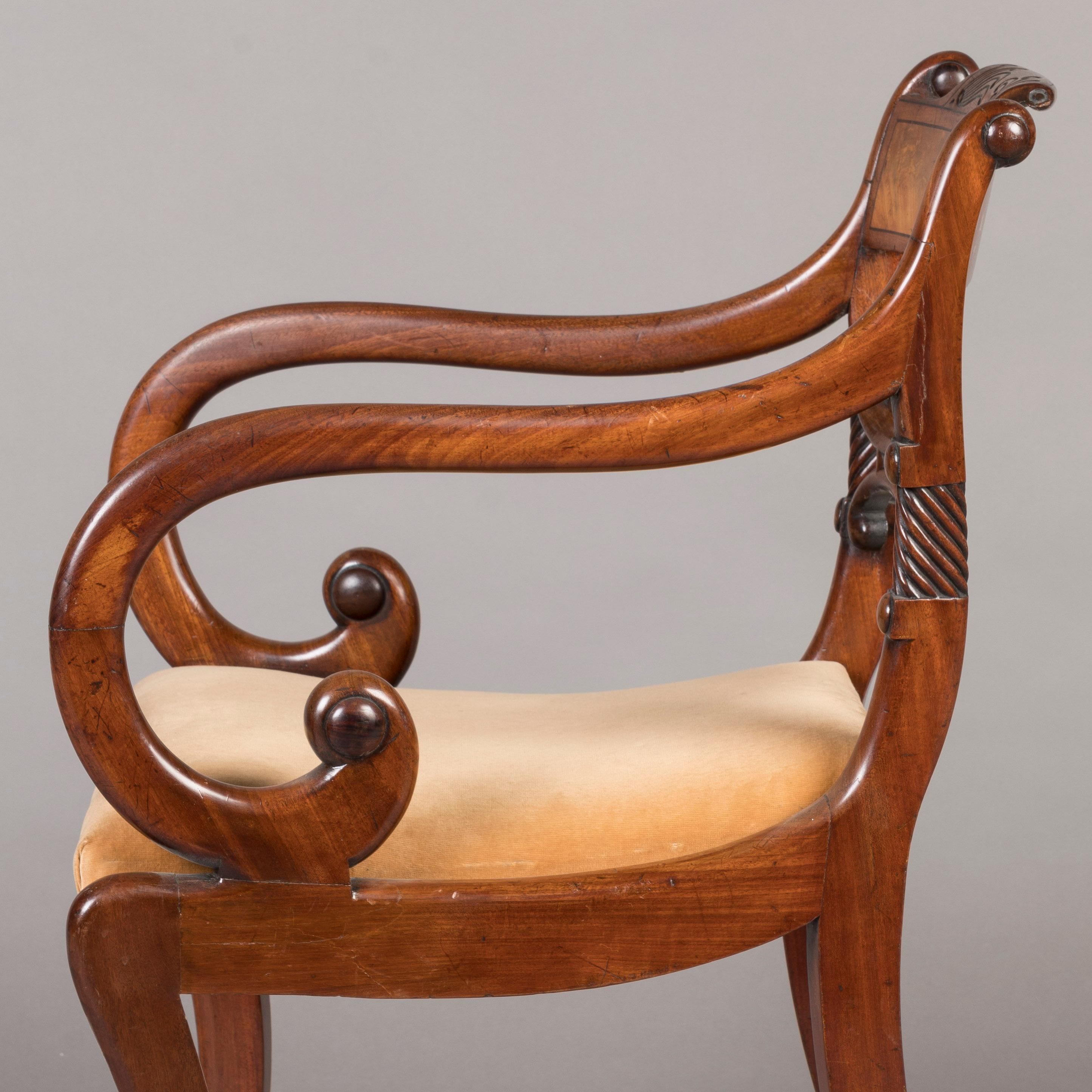 Early 19th Century English Regency Period Carved Mahogany Armchairs  For Sale 1