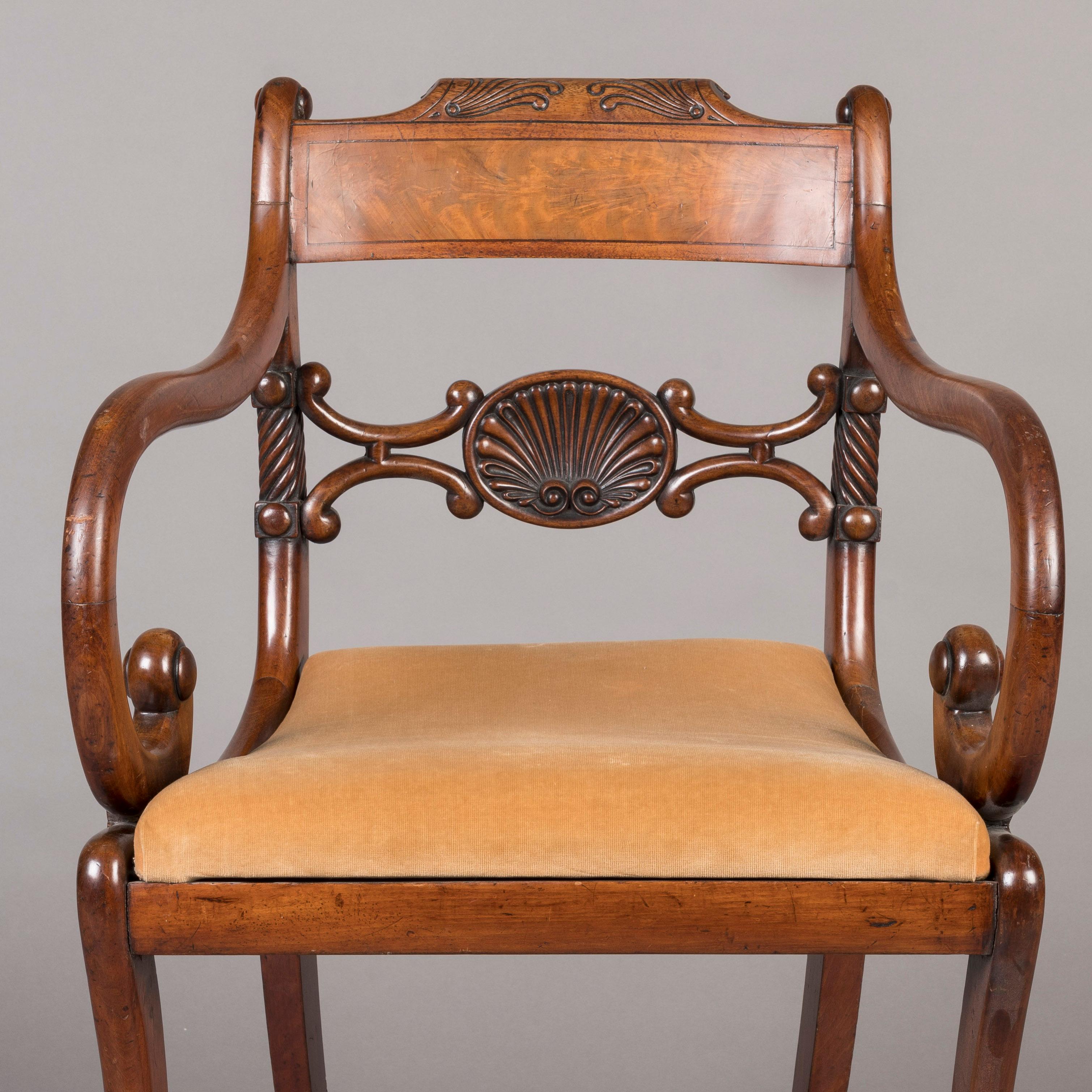 Early 19th Century English Regency Period Carved Mahogany Armchairs  For Sale 2