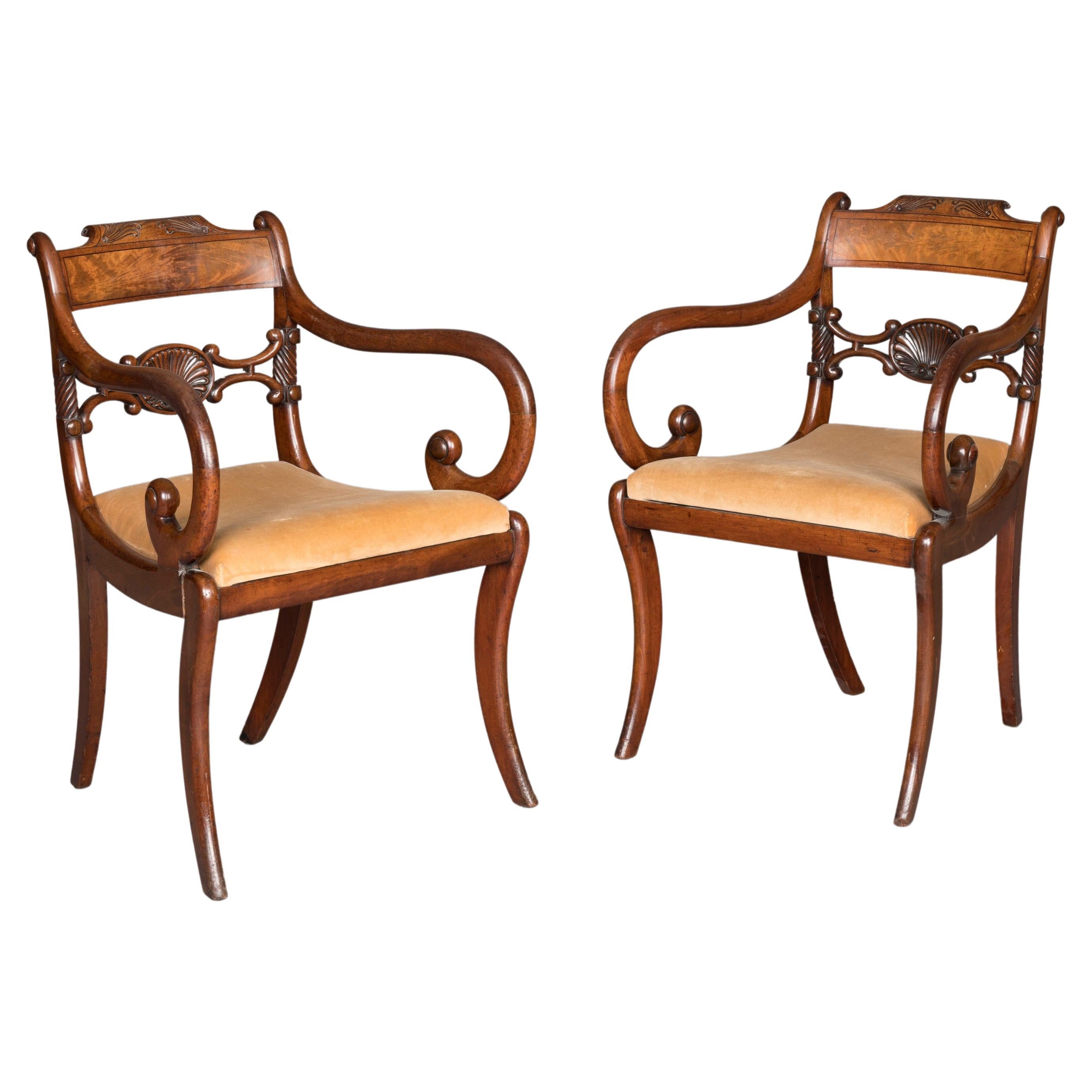 Early 19th Century English Regency Period Carved Mahogany Armchairs  For Sale