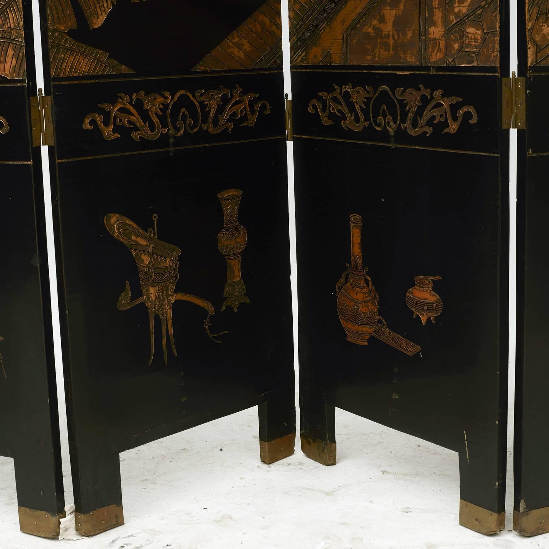 Brass Chinese Export Eight-Fold Lacquered Screen