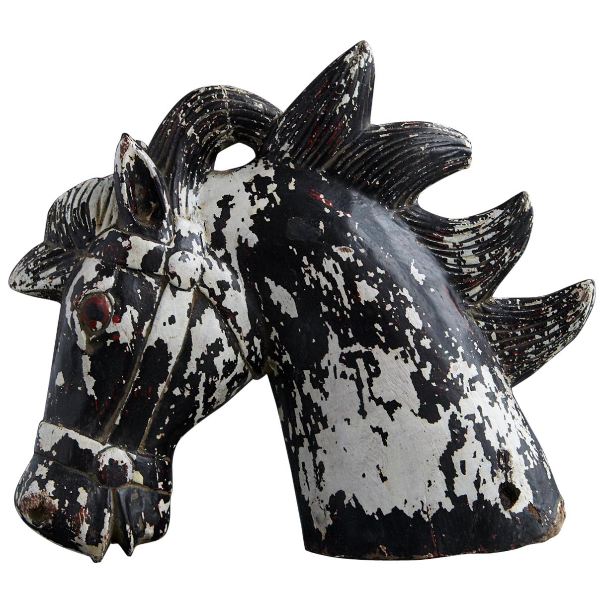 Early 19th Hand Carved and Painted Wooden Carousel Horse Head For Sale