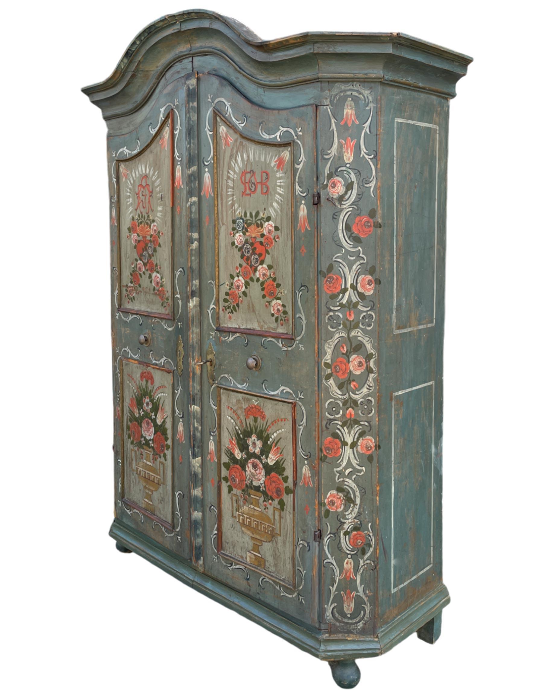 Early 19th Light Blue Floral Painted Cabinet For Sale 2