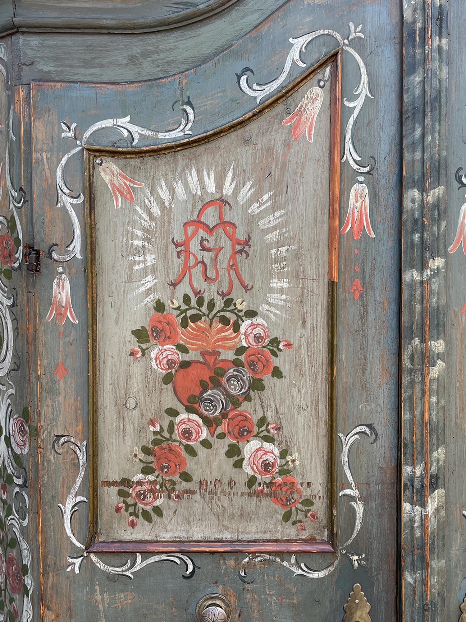 Early 19th Light Blue Floral Painted Cabinet For Sale 3