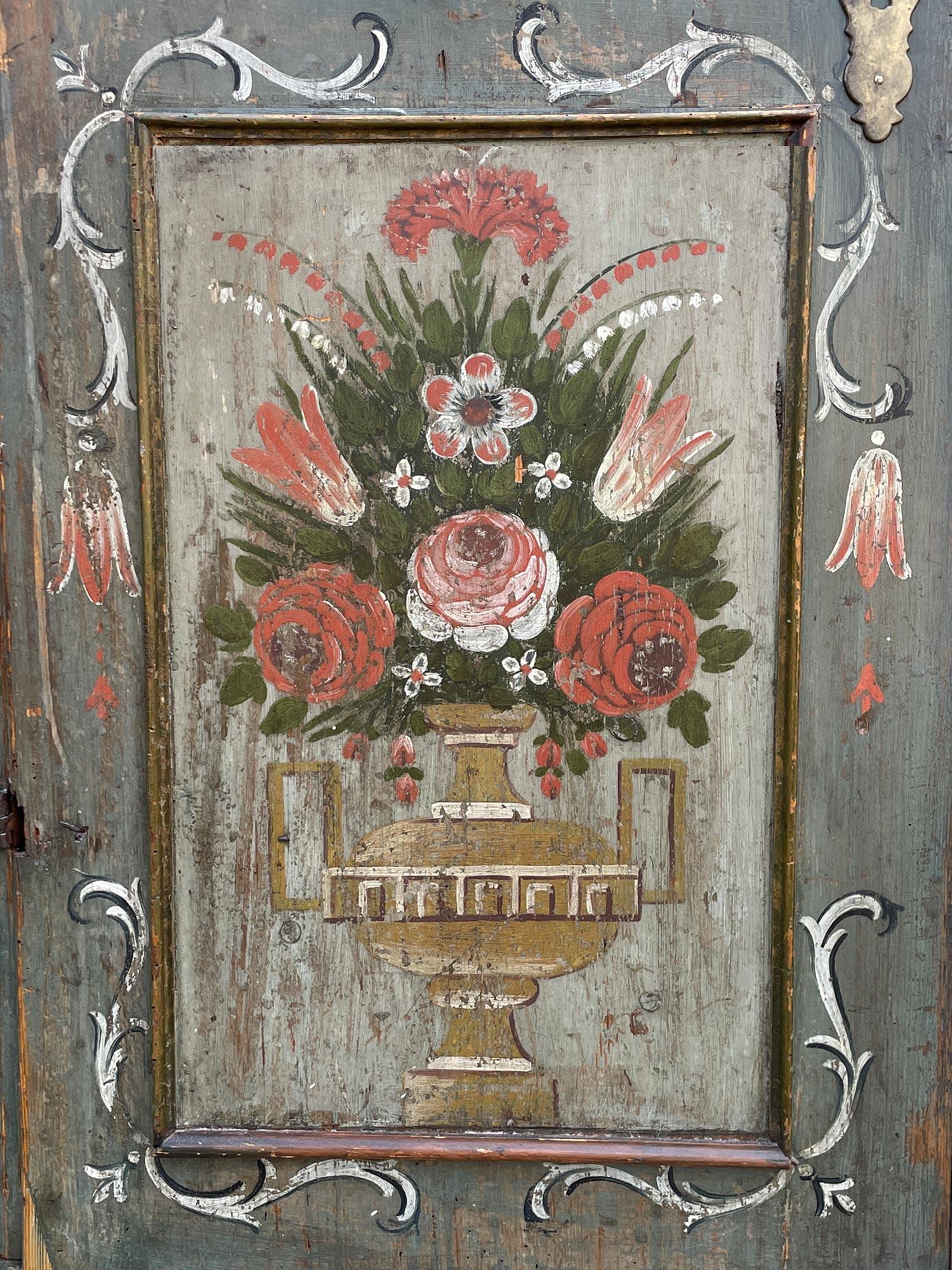 Early 19th Light Blue Floral Painted Cabinet For Sale 4