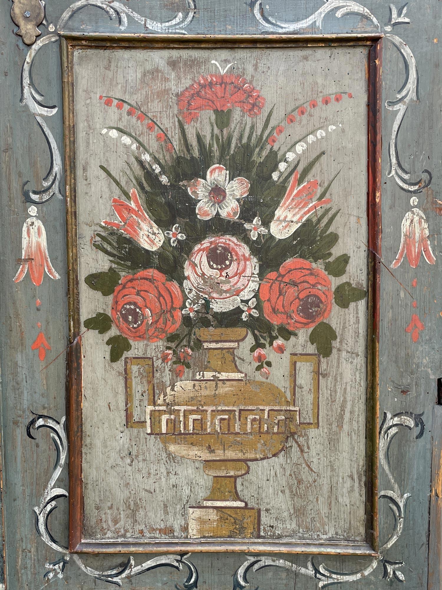 Early 19th Light Blue Floral Painted Cabinet For Sale 5