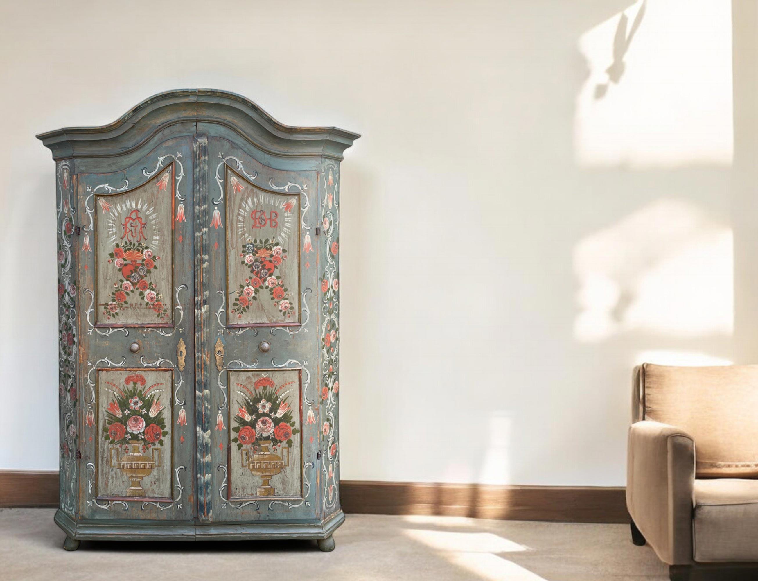 Antique Painted Wardrobe with Flowers

Dimension: H. 195 cm – W. 126 (142 to the corners) cm – D. 47 (58 to the corners) cm
Period: 1800 circa
Origin: Alps
Wood: Fir

Description:
Alpine painted wardrobe with two doors, entirely painted in light