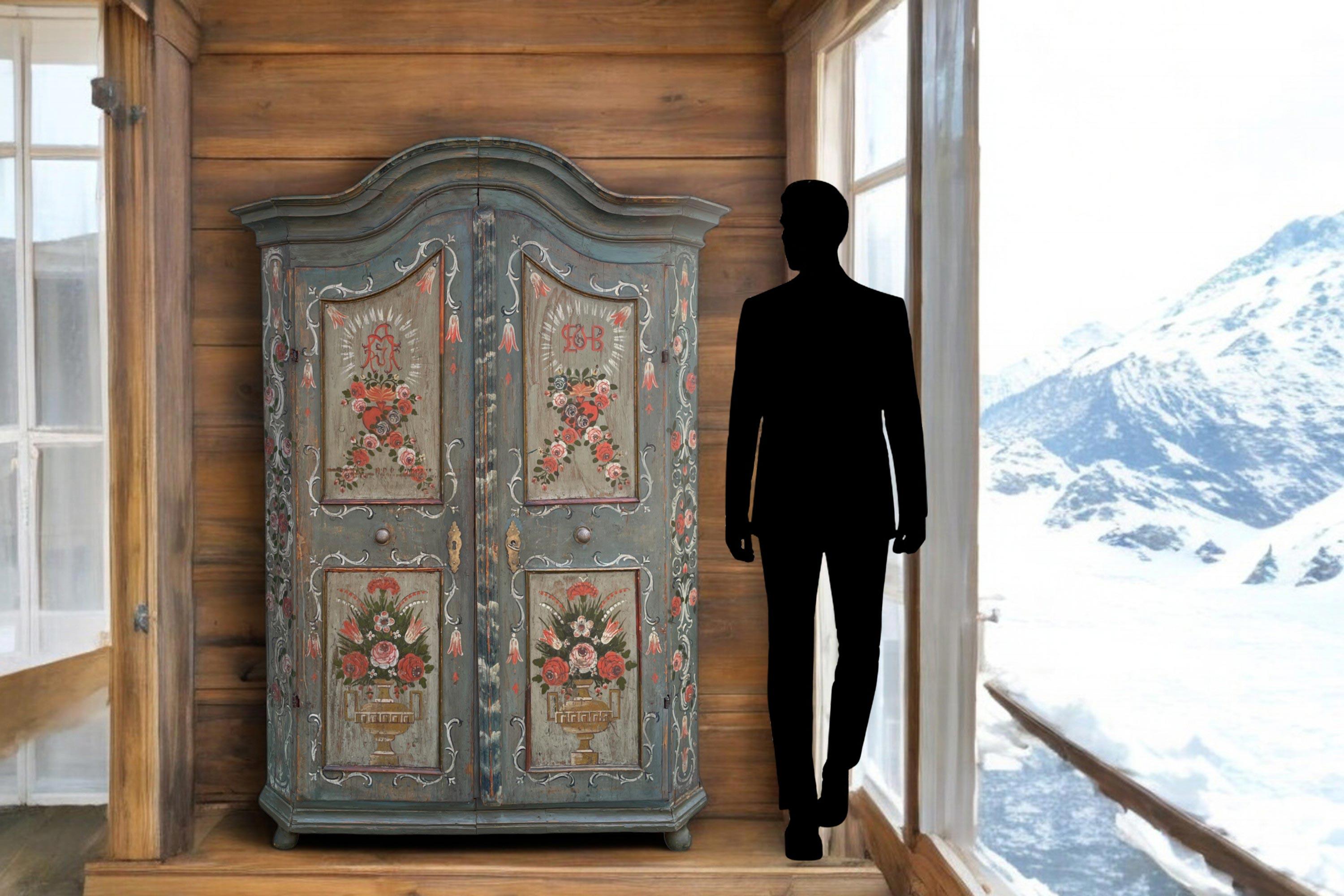 Early 19th Light Blue Floral Painted Cabinet For Sale 12