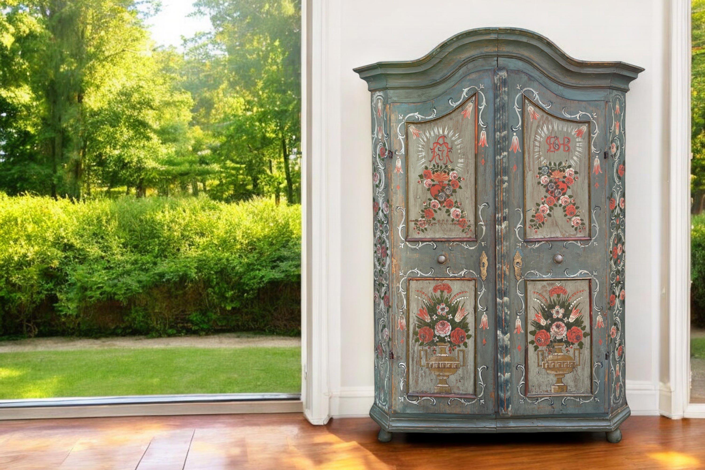 Neoclassical Early 19th Light Blue Floral Painted Cabinet For Sale