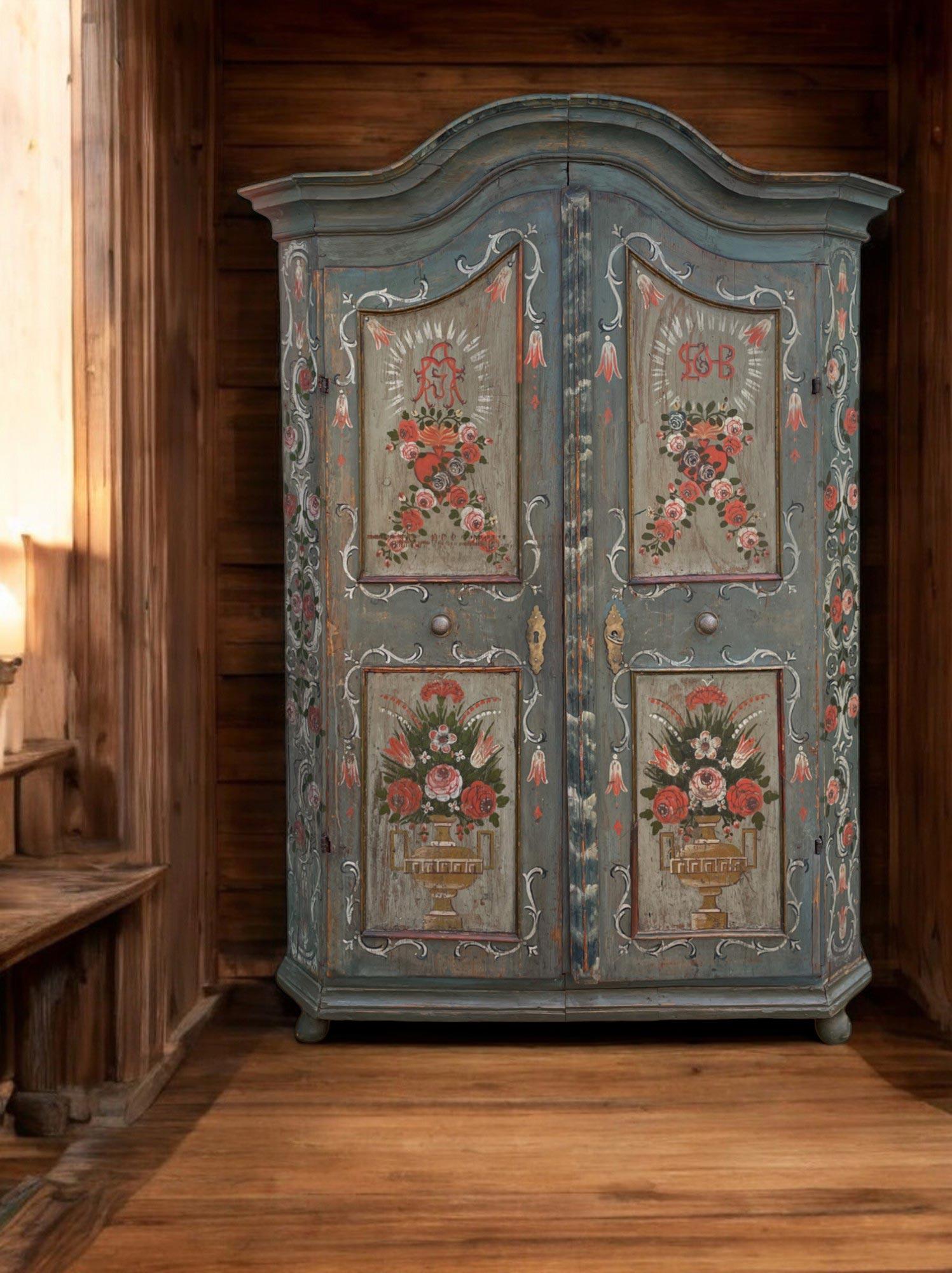 Italian Early 19th Light Blue Floral Painted Cabinet For Sale
