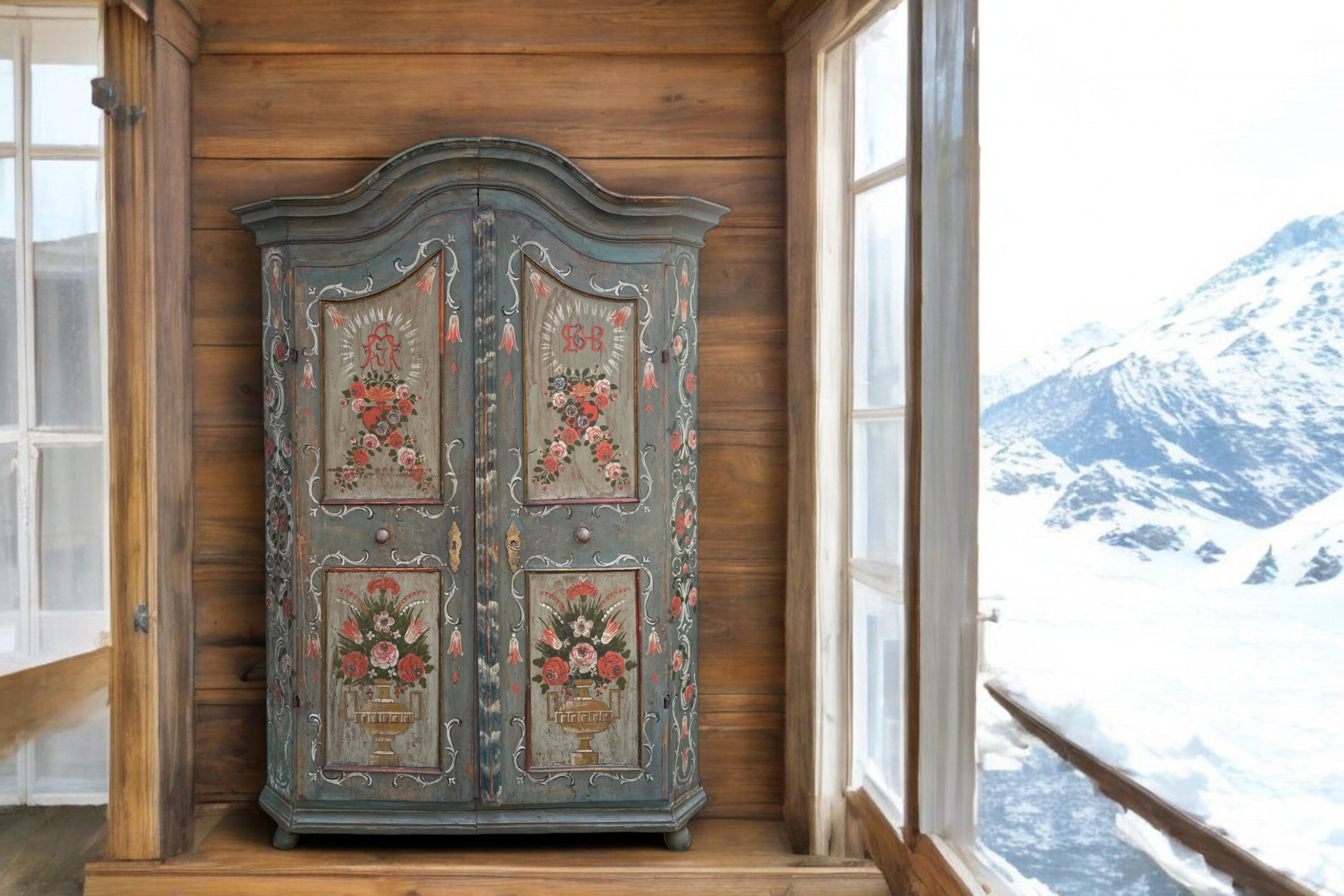 Hand-Carved Early 19th Light Blue Floral Painted Cabinet For Sale