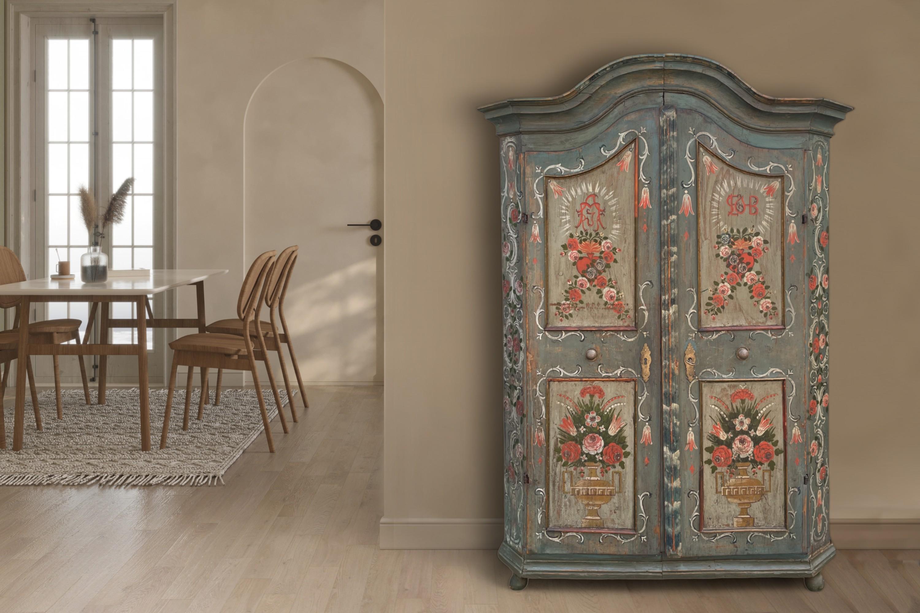 19th Century Early 19th Light Blue Floral Painted Cabinet For Sale