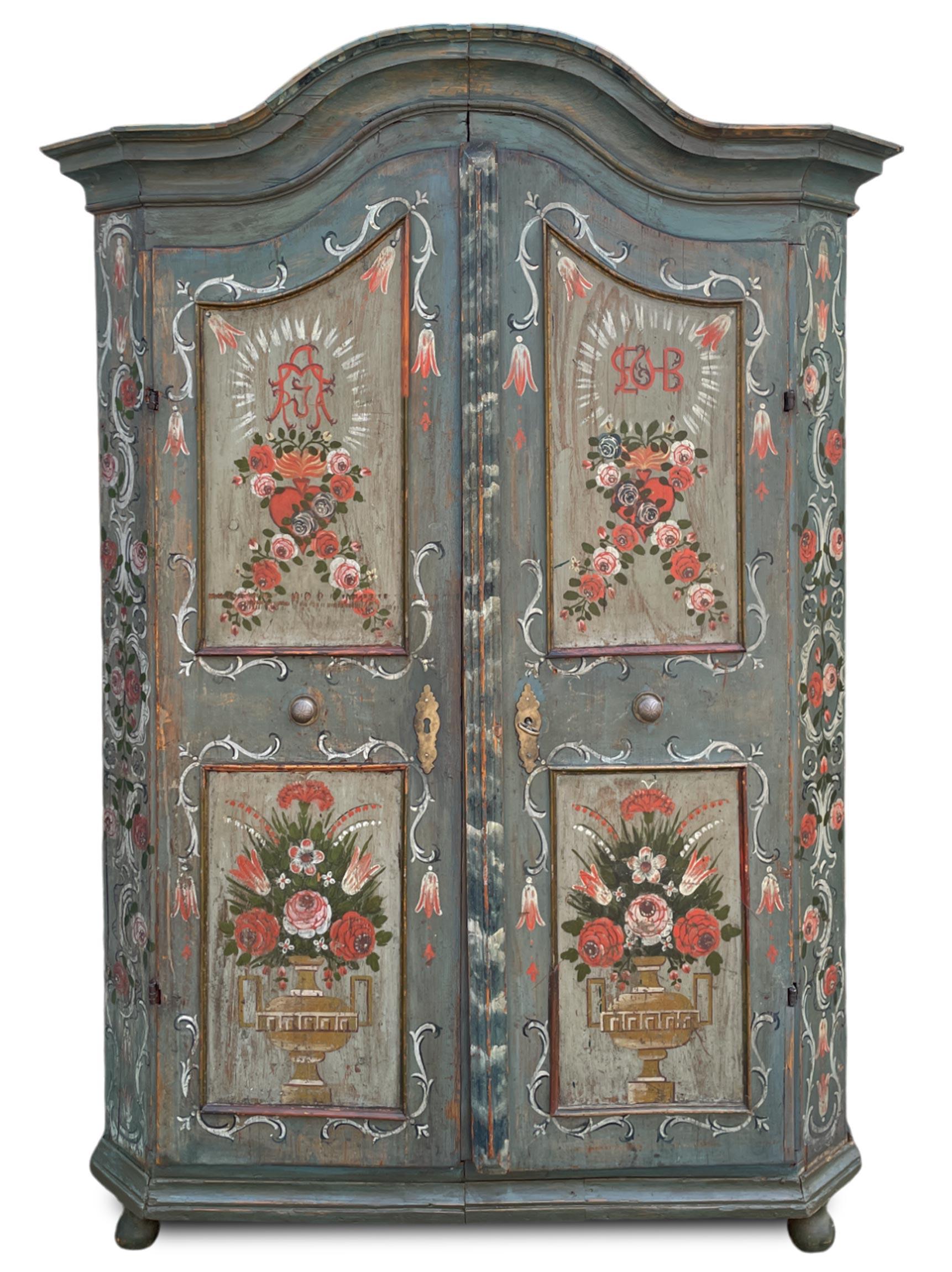 Fir Early 19th Light Blue Floral Painted Cabinet For Sale