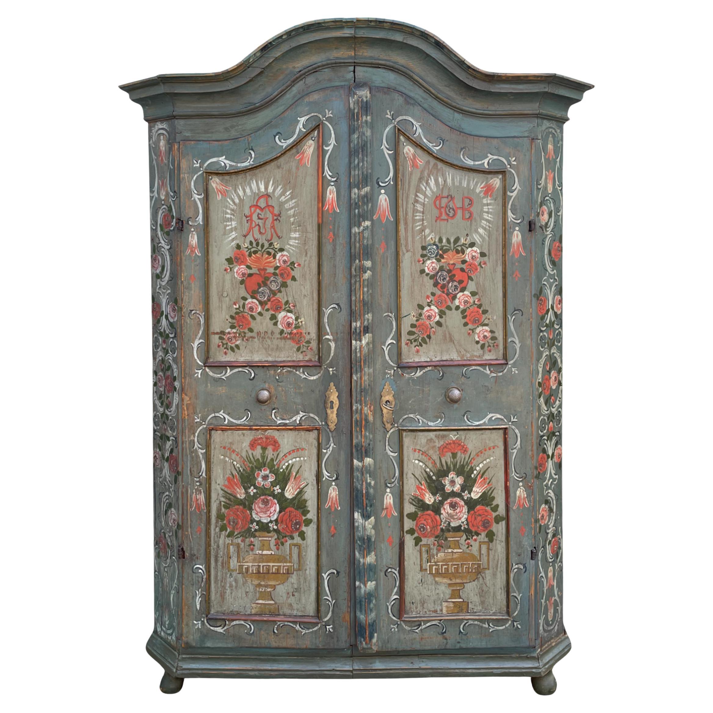 Early 19th Light Blue Floral Painted Cabinet