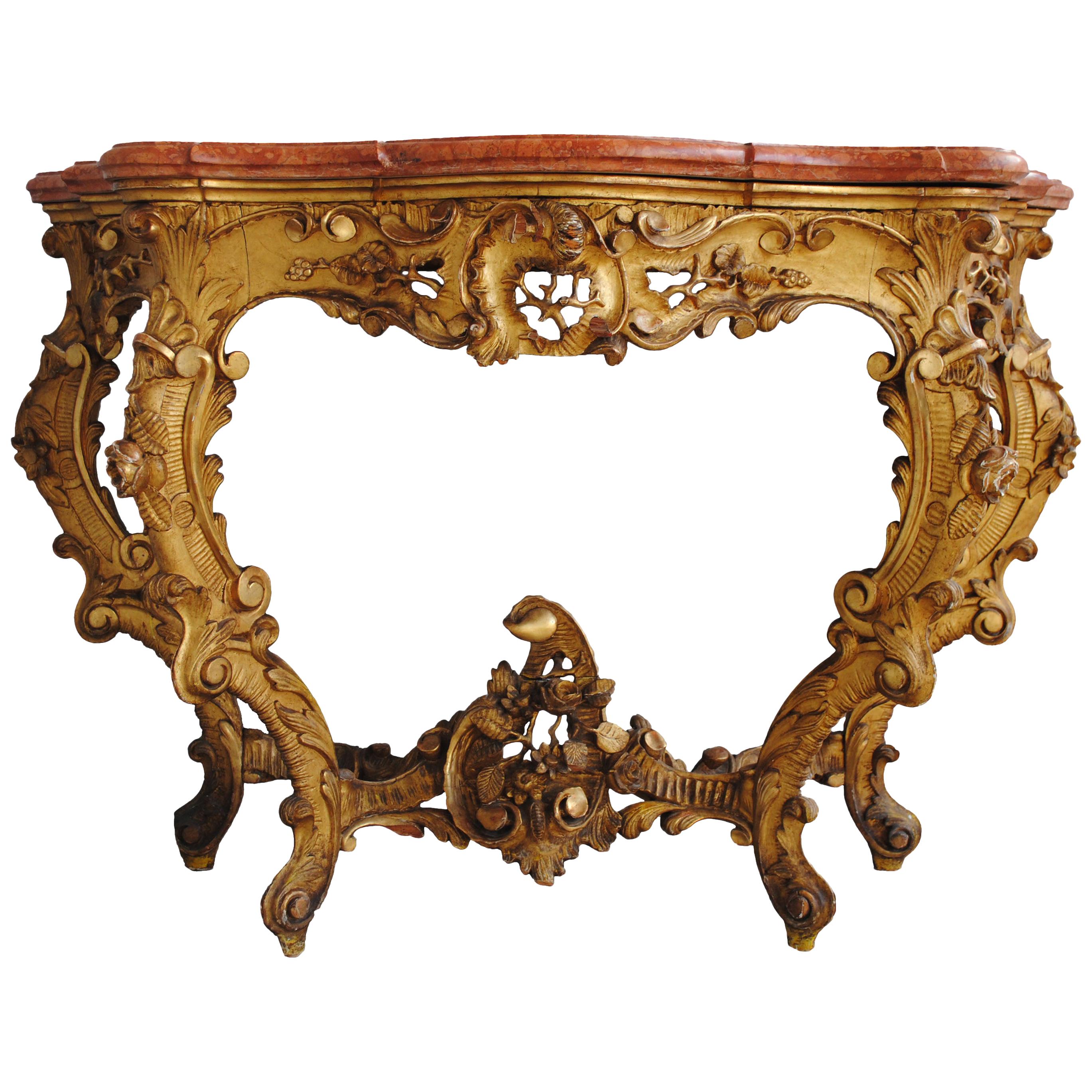 Konsole im Louis-XV-Stil des frühen 19. Jahrhunderts aus vergoldetem Holz mit Marmorplatte