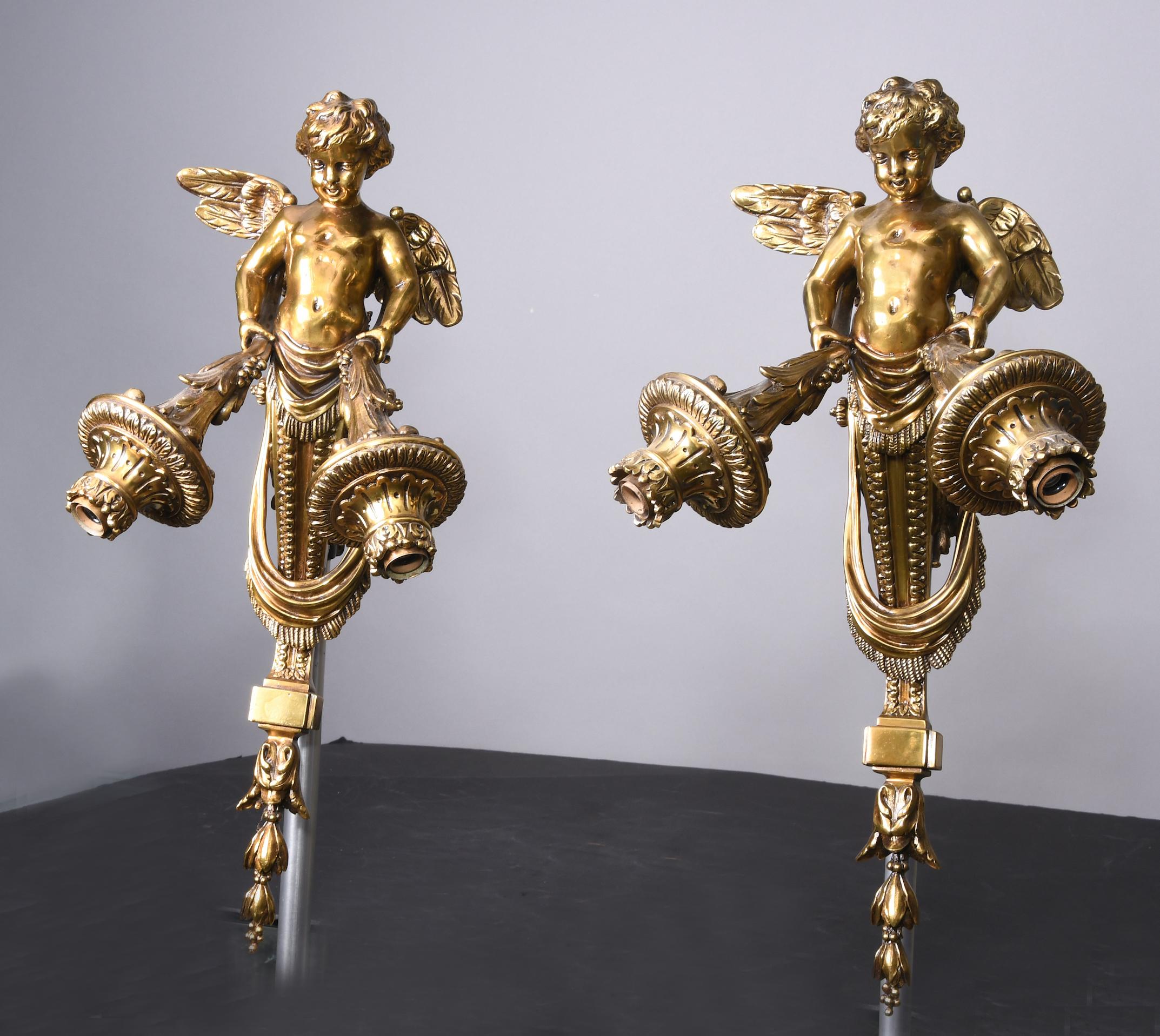 Cast Early 19th Century Pair of Bronze Empire Revival Cherub Wall Sconces/Torcherier For Sale