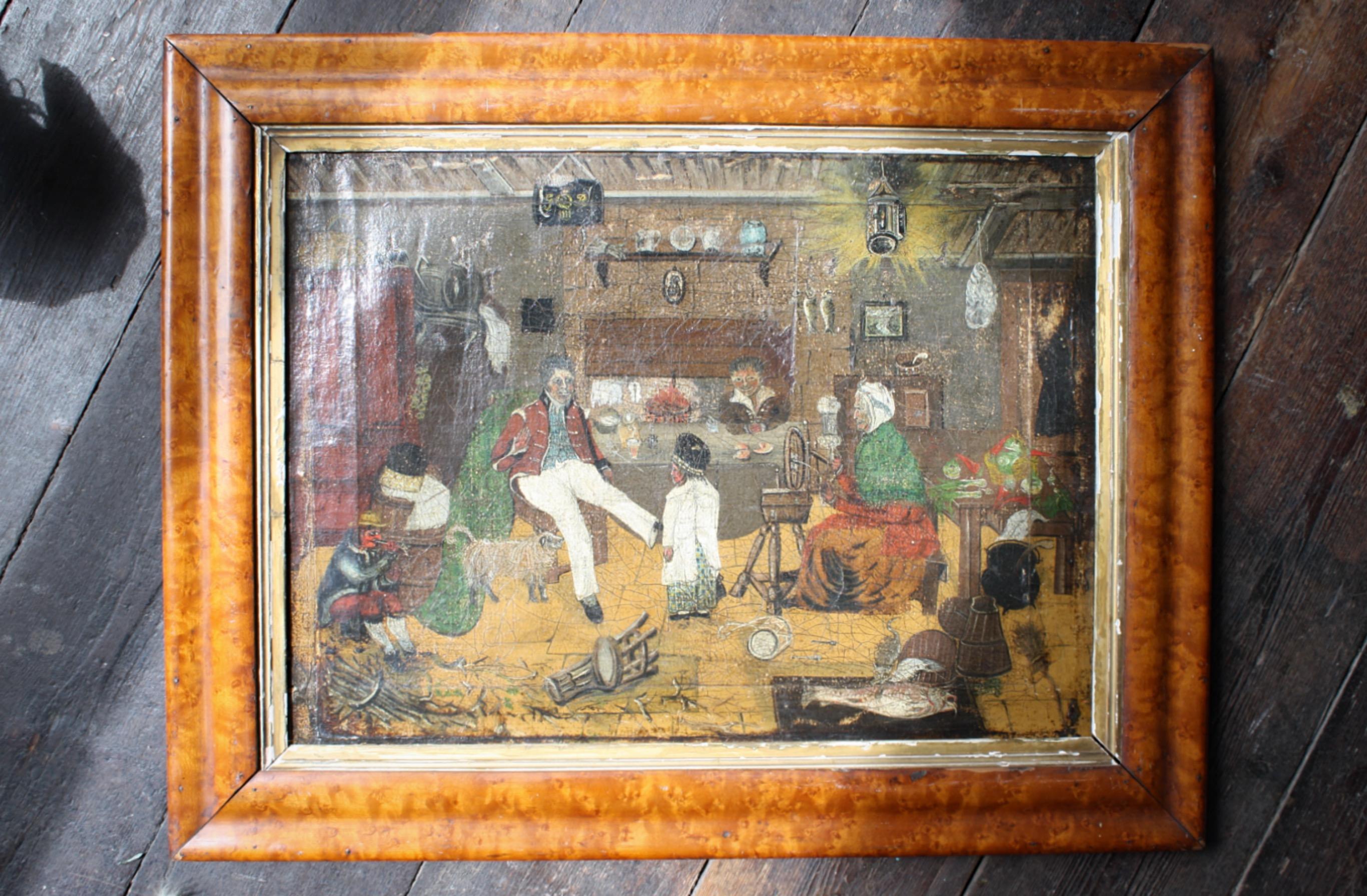 English Early 19th Primitive Naive Interior Scene Folk Art Military Wooden Leg Curio For Sale