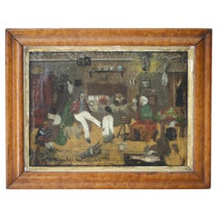 Curio de pata de madera de principios del XIX Primitivo Escena interior ingenua Arte popular Militar