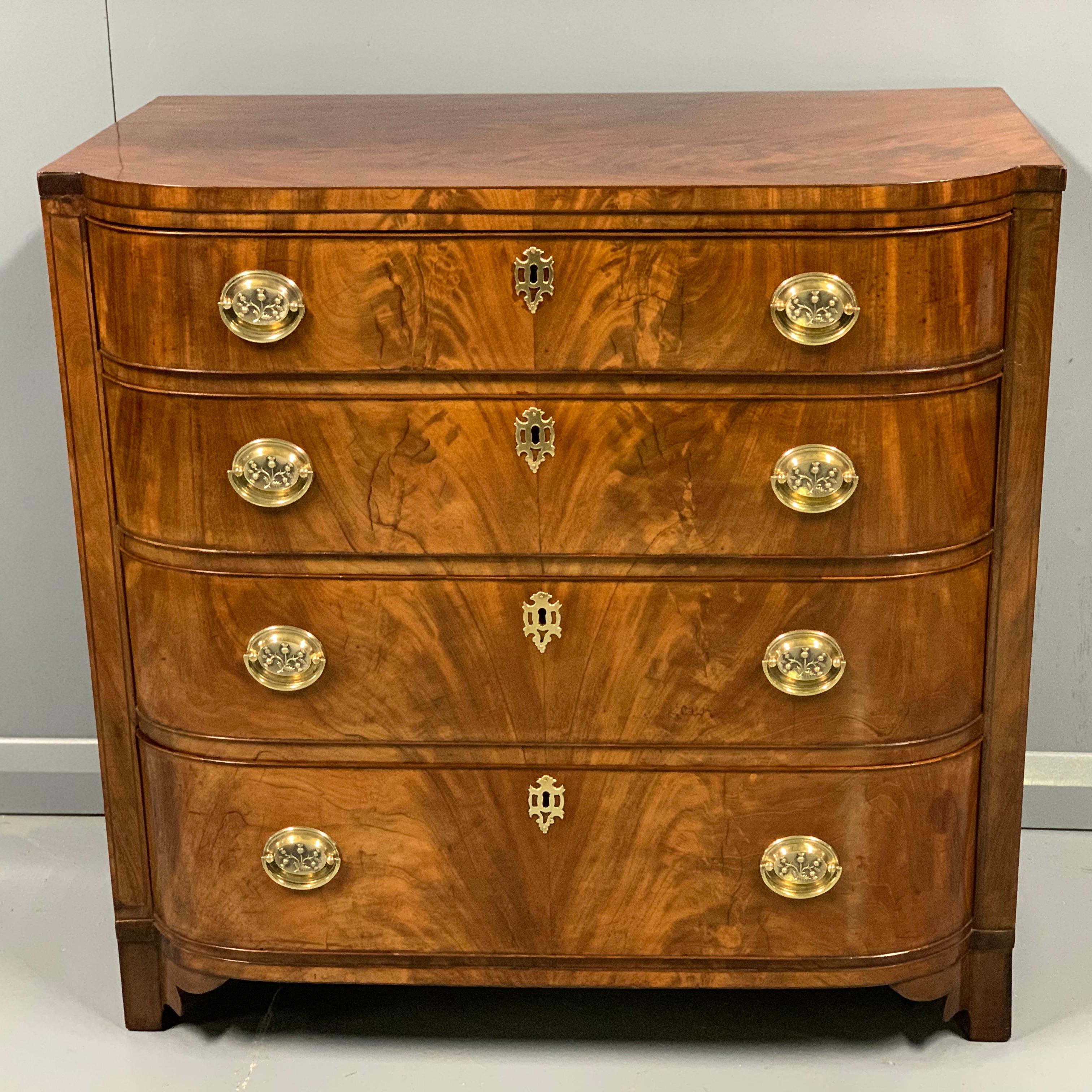 English Early 19th Regency Cuban Mahogany Bow Front Chest of Drawers