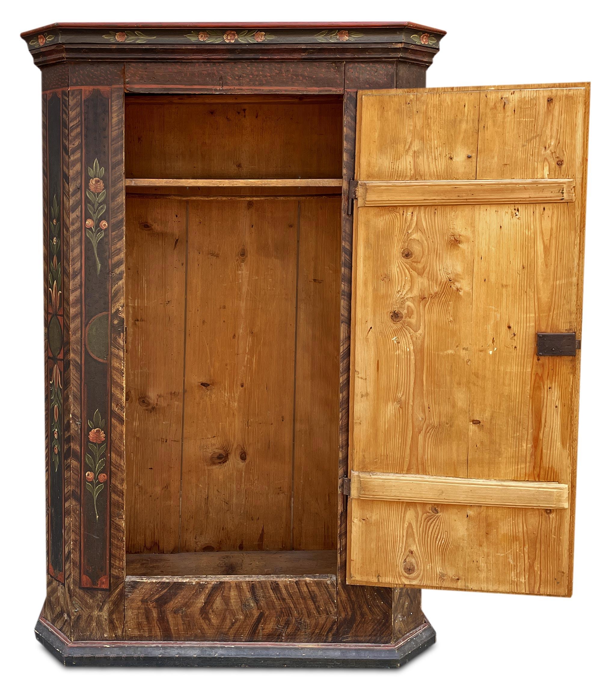 Hand-Carved Early 19th Tyrolean Floral Painted Cabinet