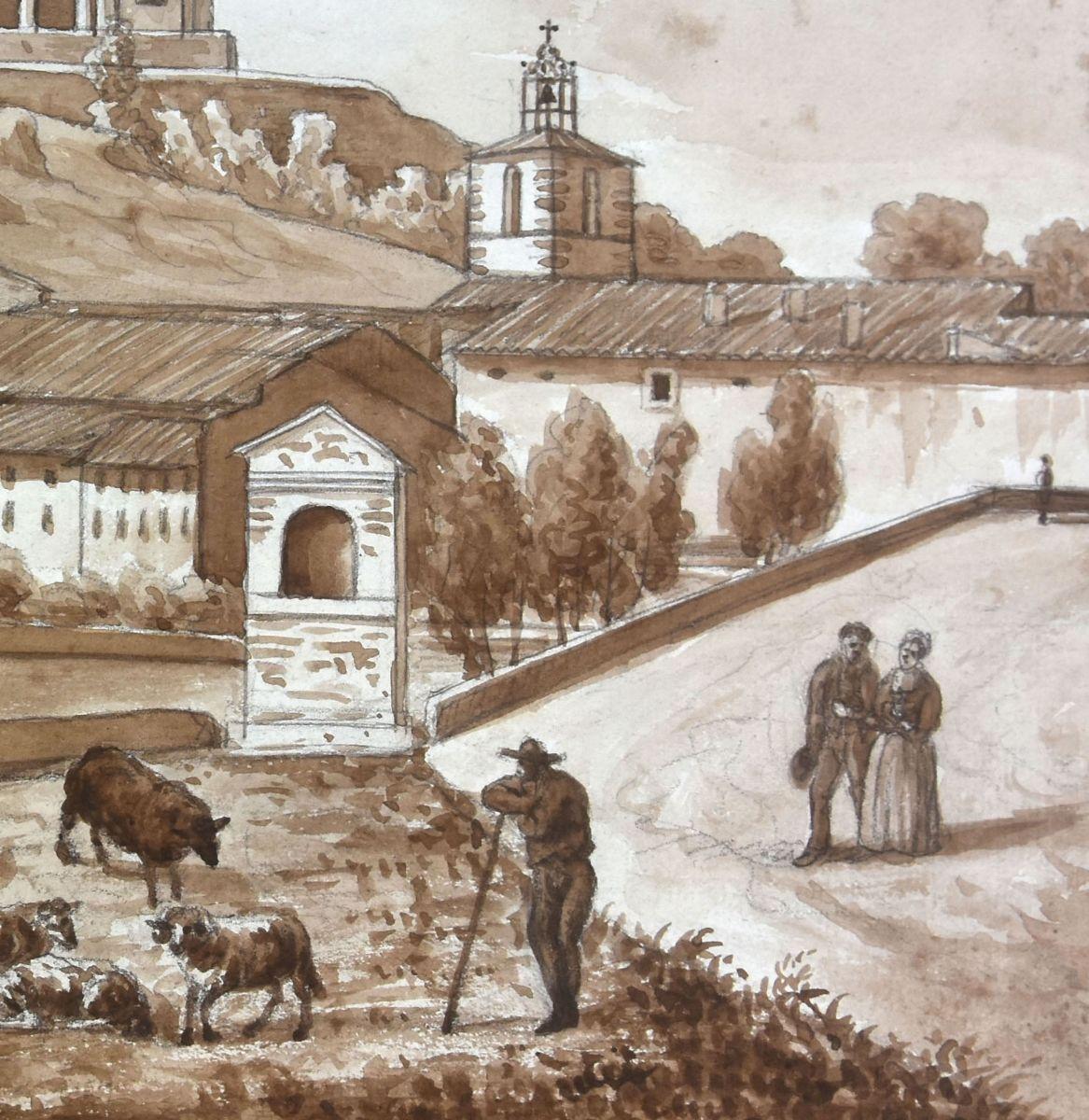 19th Century View of Tourves Watercolor Drawing on Paper from the 18th Century For Sale